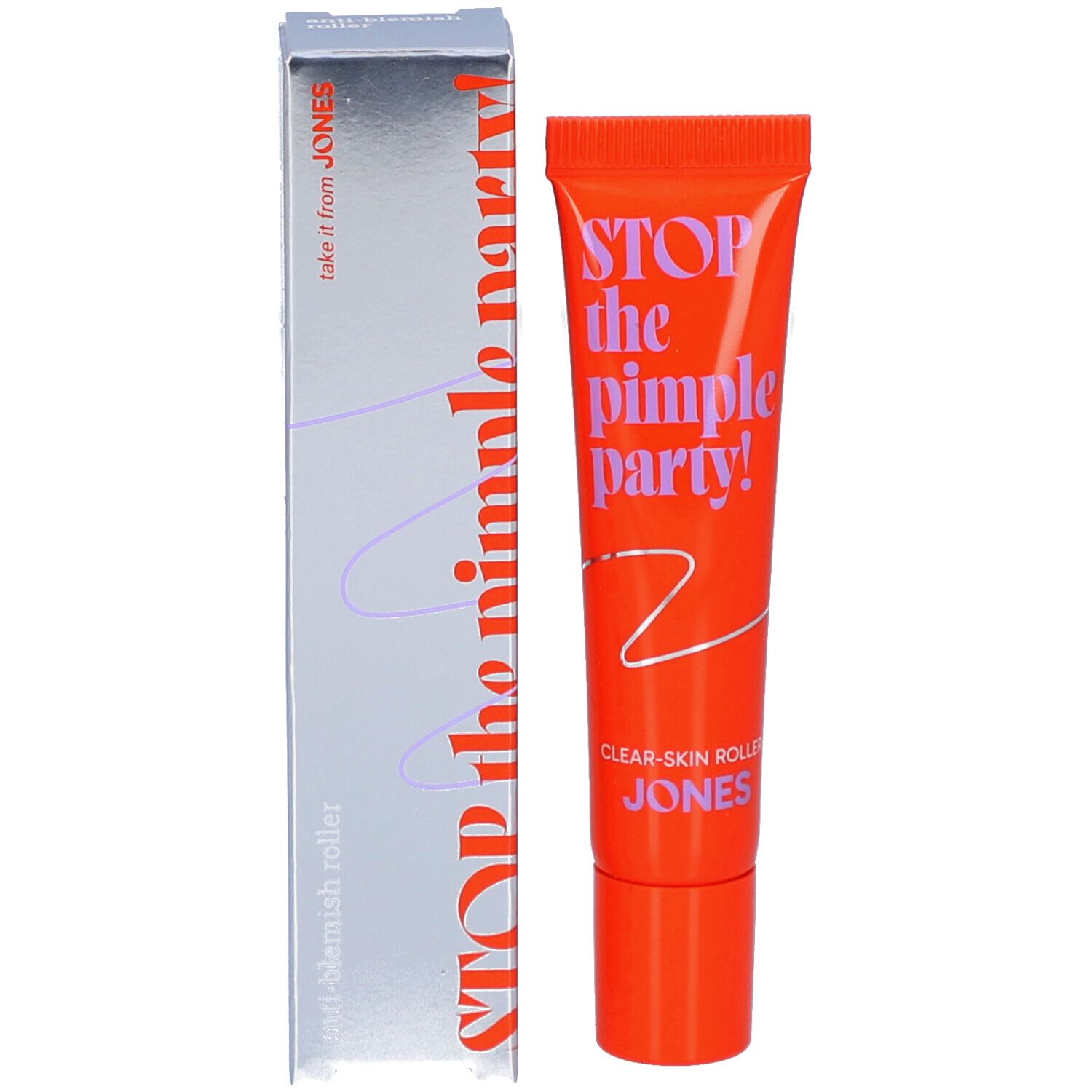 Schachtel und Tube. Schachtel: take it from JONES, Stop the Pimple Party! Anti-Blemish Roller.