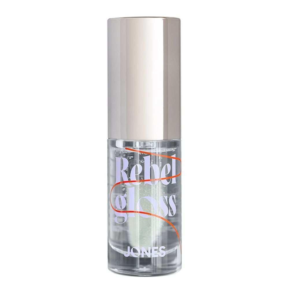 Flacon transparent avec bouchon argenté. Inscription Rebel Gloss et JONES.