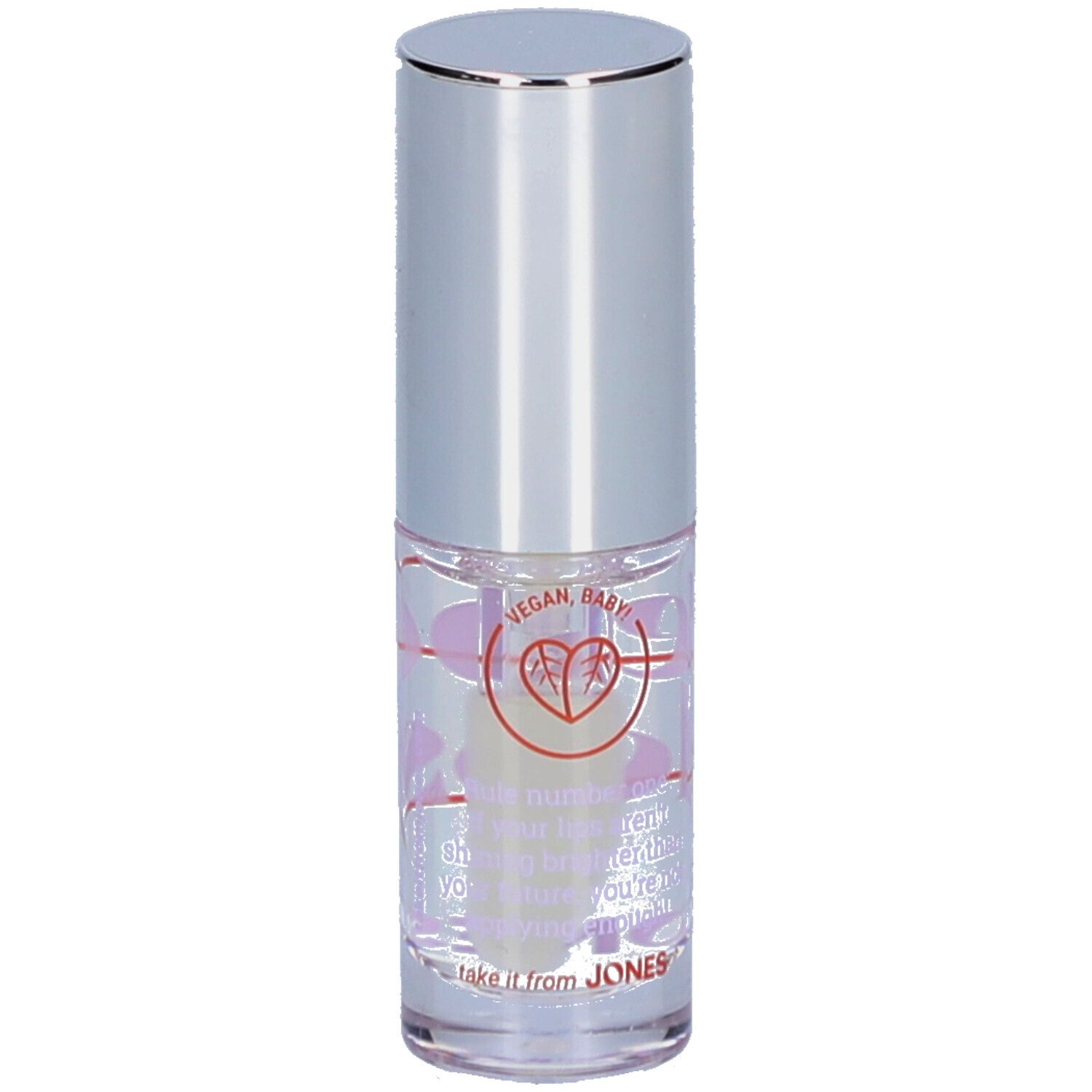 Klarer Behälter mit silbernem Deckel. Aufschrift Rebel Gloss und JONES.