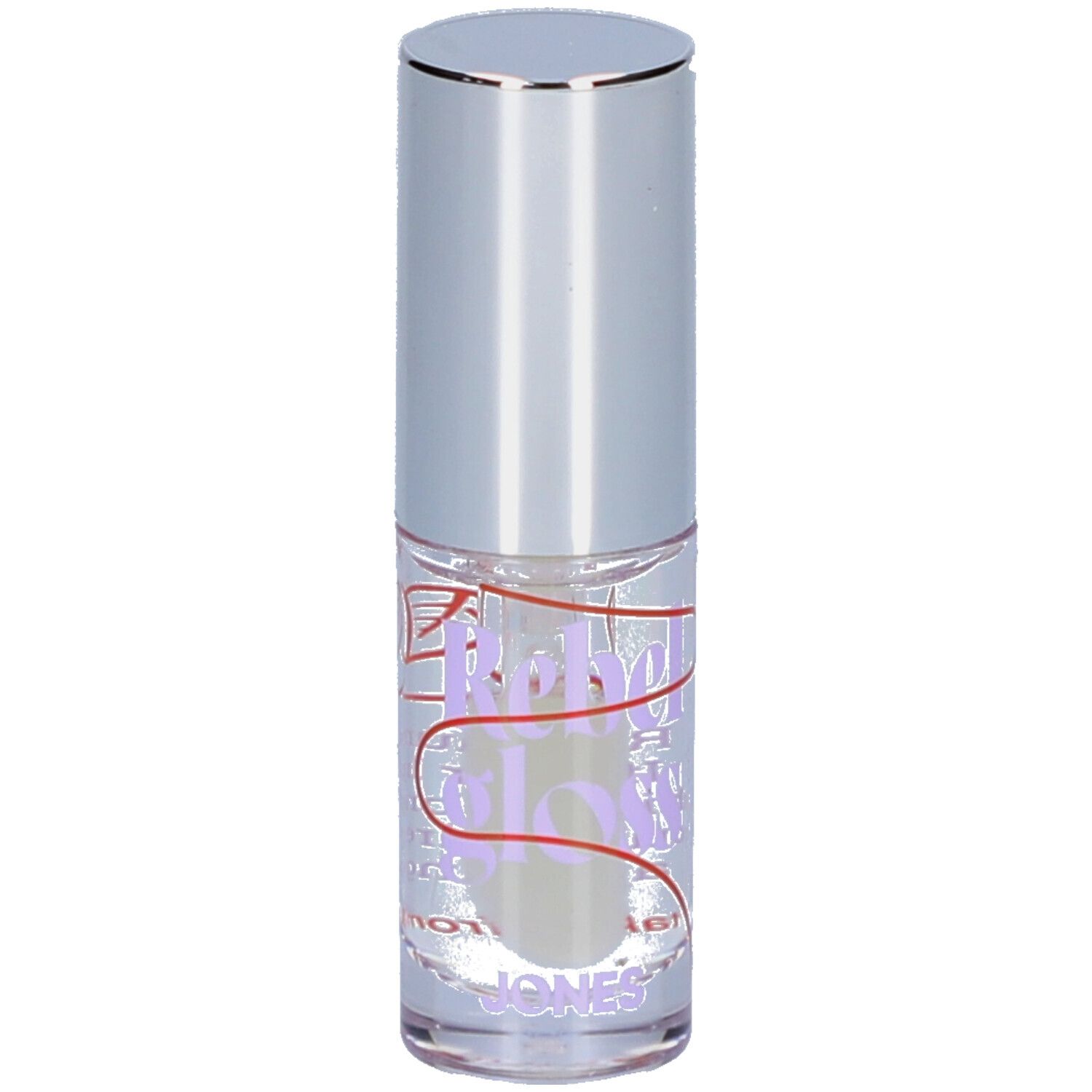 Klarer Behälter mit silbernem Deckel. Aufschrift Rebel Gloss und JONES.