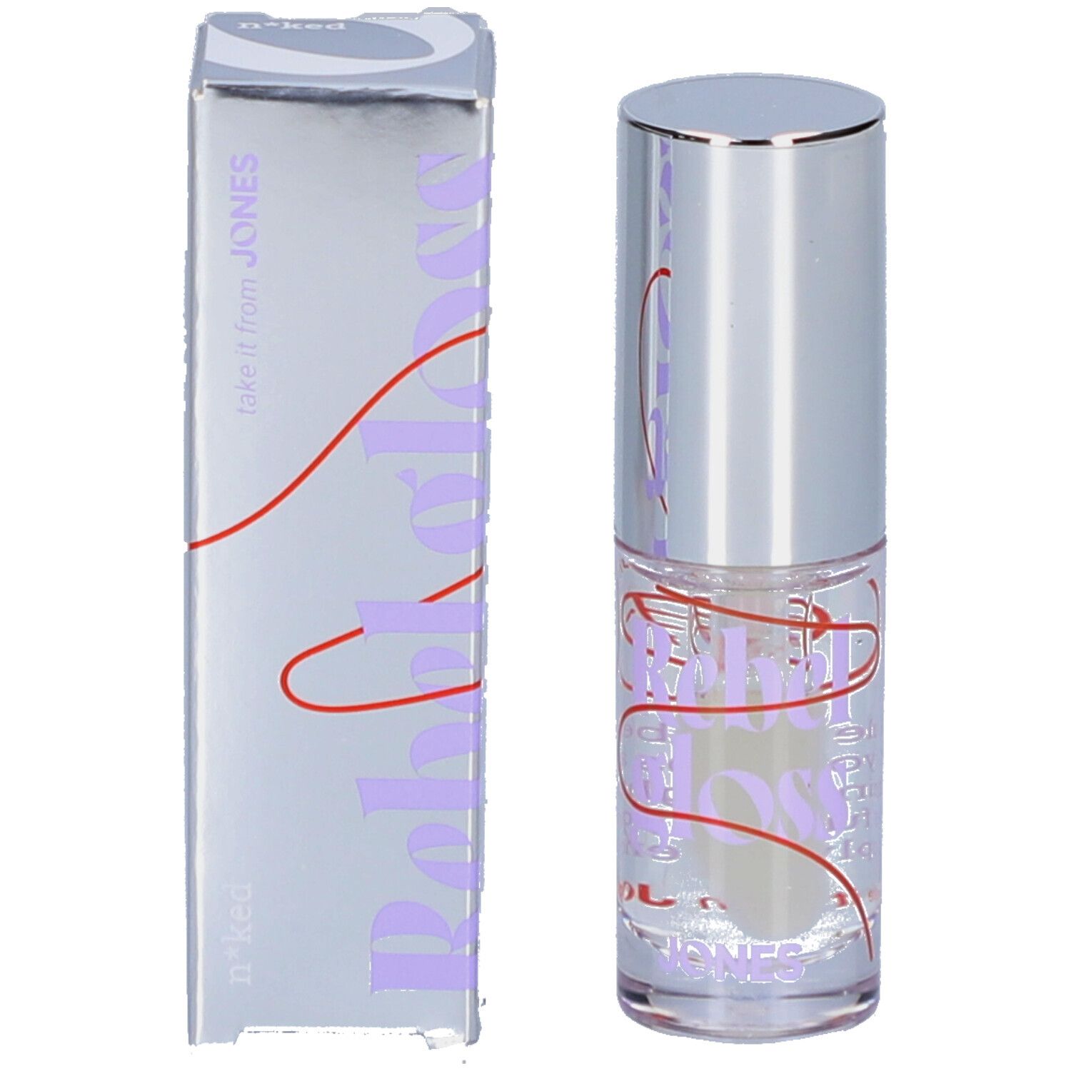 Silberne Verpackung mit Produkt und Aufschrift Rebel Gloss. Marke n*ked.