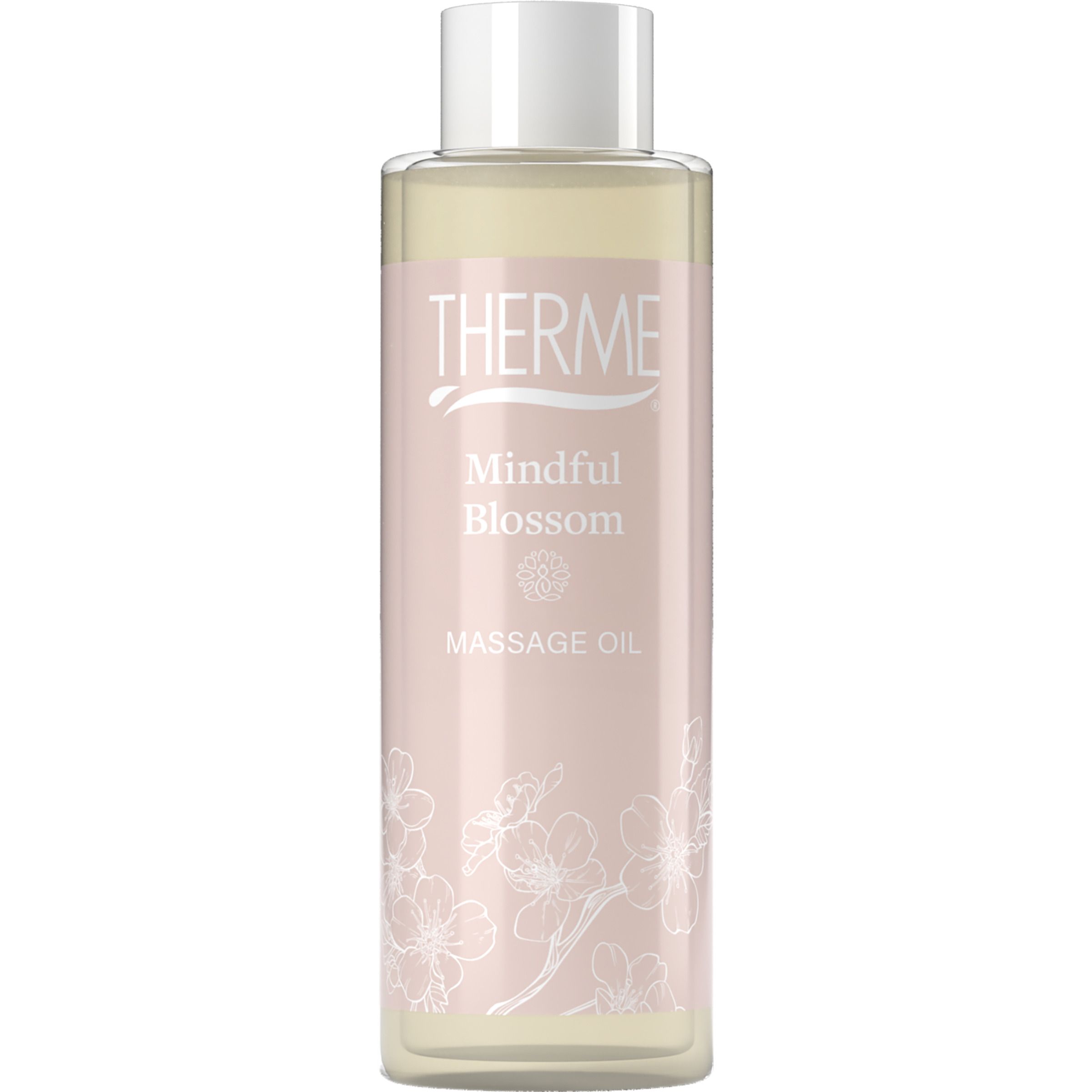 Flacon cylindrique d'huile de massage Therme Mindful Blossom, bouchon blanc. Inscriptions : THERME, Mindful Blossom, Massage Oil.