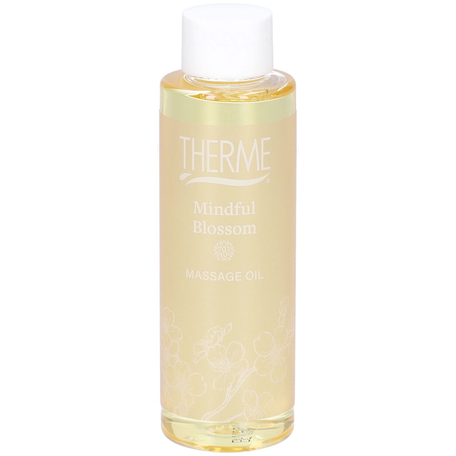 Therme Mindful Blossom Massageöl in einer zylindrischen Flasche mit weißem Deckel. Aufschrift: THERME, Mindful Blossom, Massage Oil.