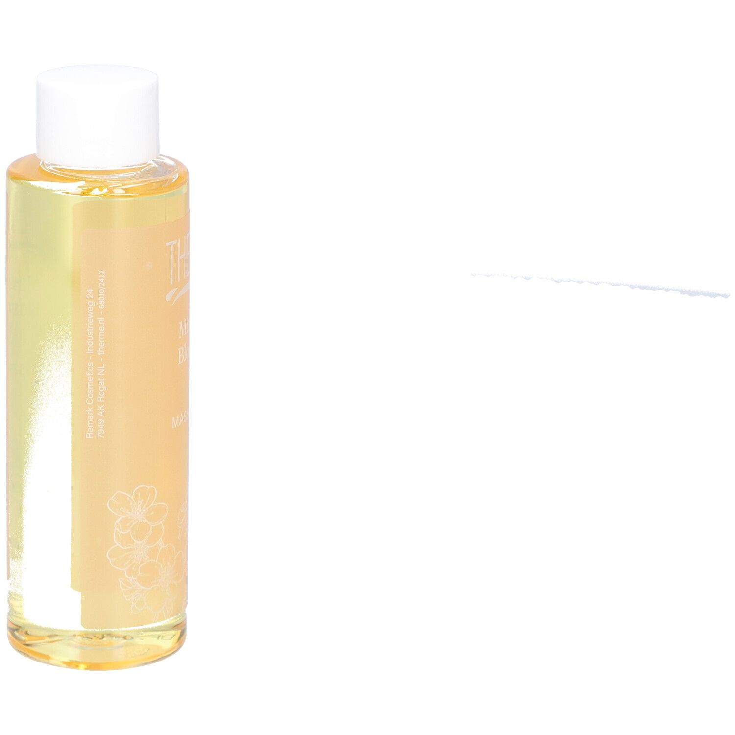 Therme Mindful Blossom Massageöl-Flasche, zylindrisch, mit weißem Deckel. Aufschrift: THERME, Mindful Blossom, Massage Oil. Nur Flasche.