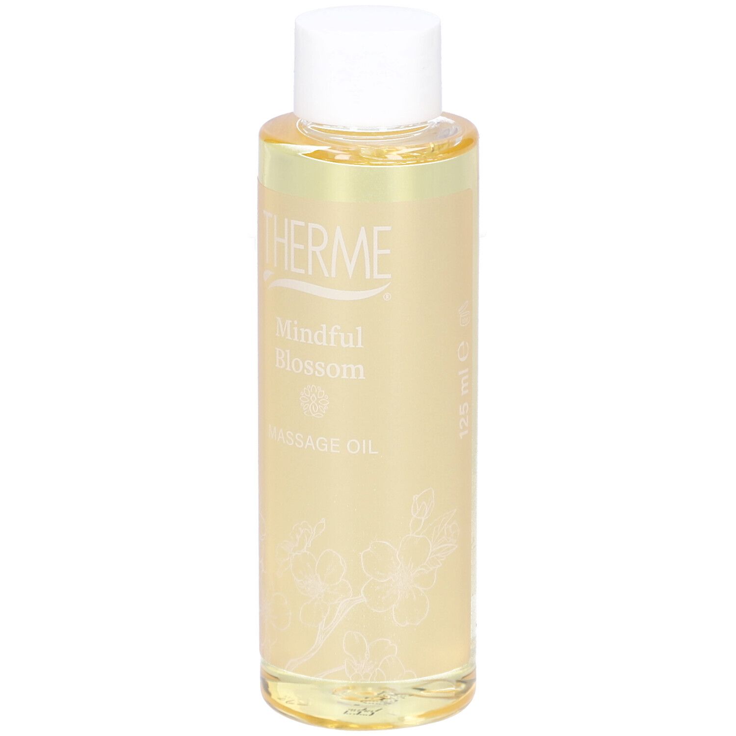 Therme Mindful Blossom Massageöl in einer zylindrischen Flasche mit weißem Deckel. Aufschrift: THERME, Mindful Blossom, Massage Oil, 125 ml.