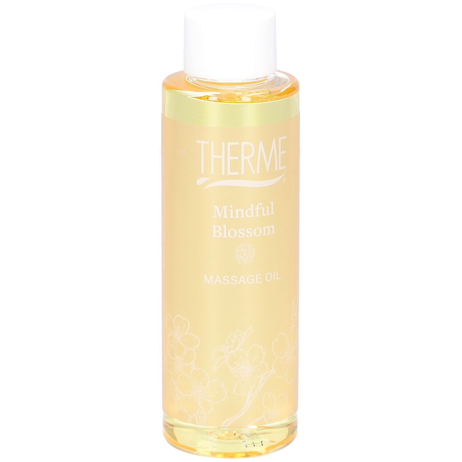 Therme Mindful Blossom Massageöl in einer zylindrischen Flasche mit weißem Deckel. Aufschrift: THERME, Mindful Blossom, Massage Oil.