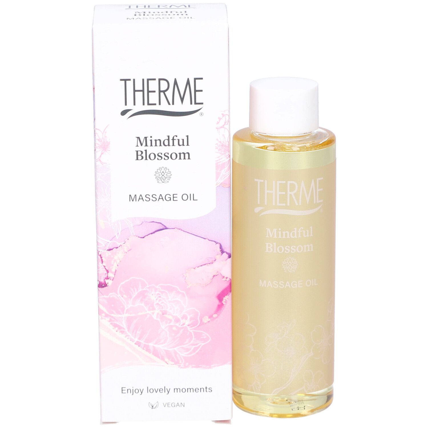Therme Mindful Blossom Massageöl mit Verpackung. Flasche und Box mit Aufschrift: THERME, Mindful Blossom, Massage Oil. Vegan-Logo.