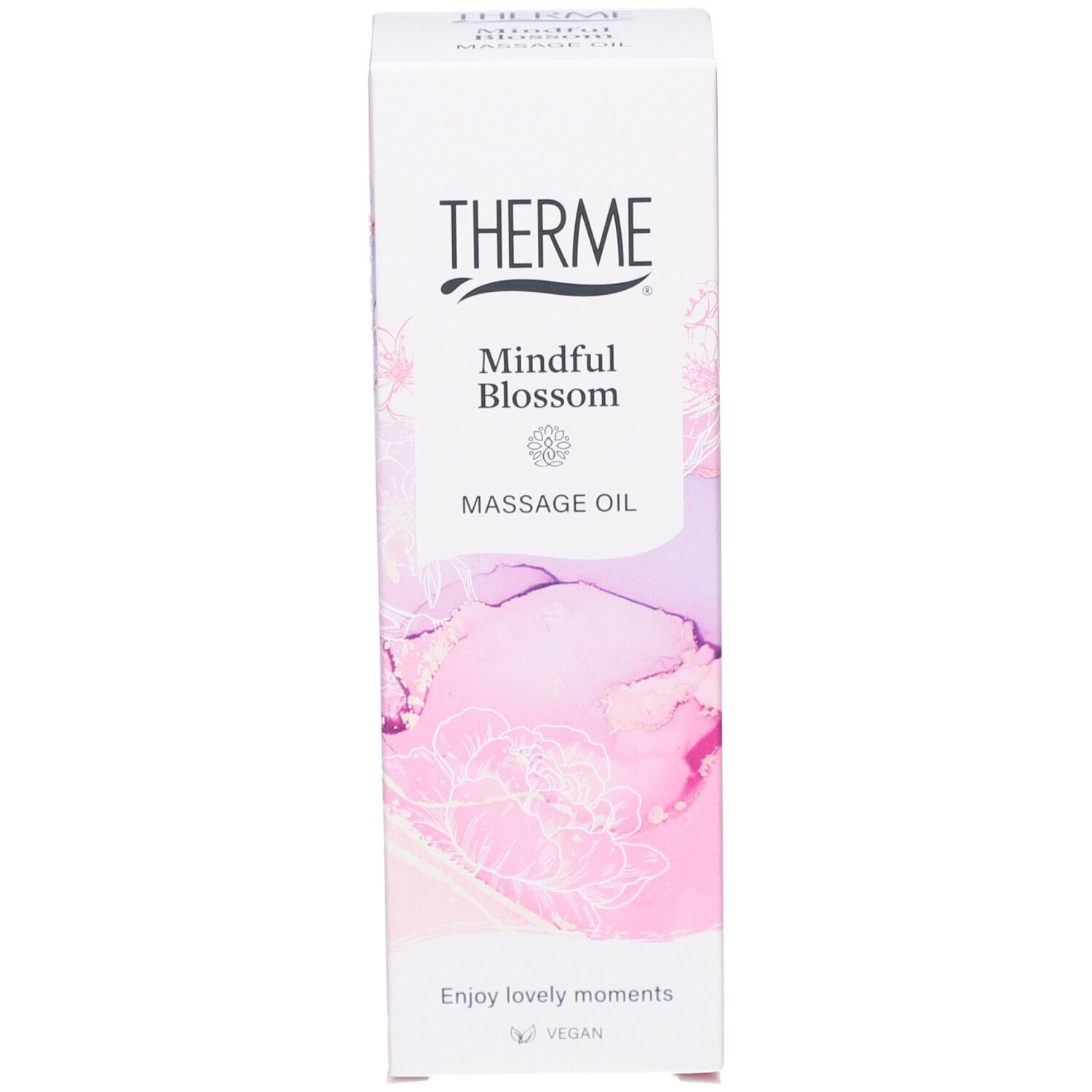 Verpackung von Therme Mindful Blossom Massageöl. Aufschrift: THERME, Mindful Blossom, Massage Oil. Mit floralem Design.