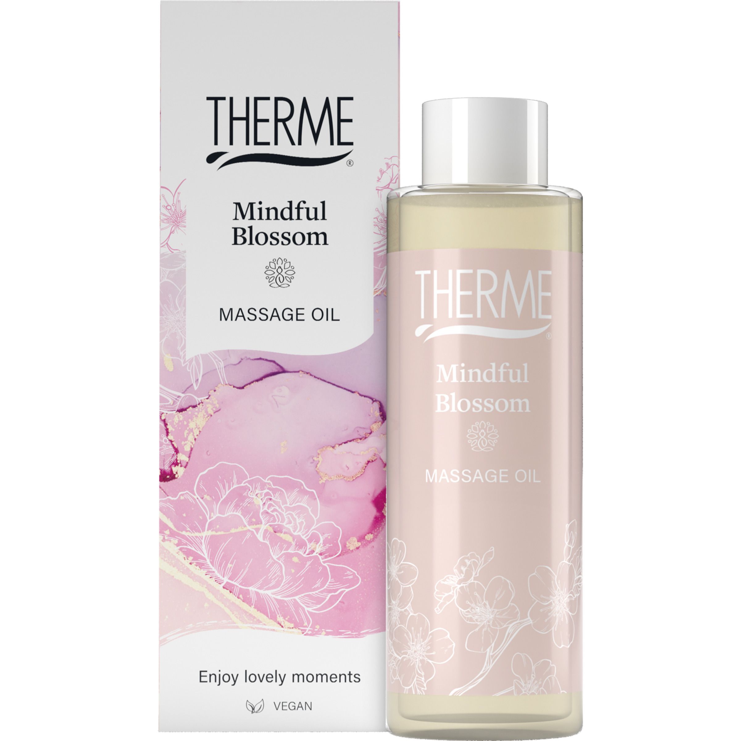 Huile de massage Therme Mindful Blossom avec emballage. Flacon et boîte avec inscriptions : THERME, Mindful Blossom, Massage Oil. Logo végan.