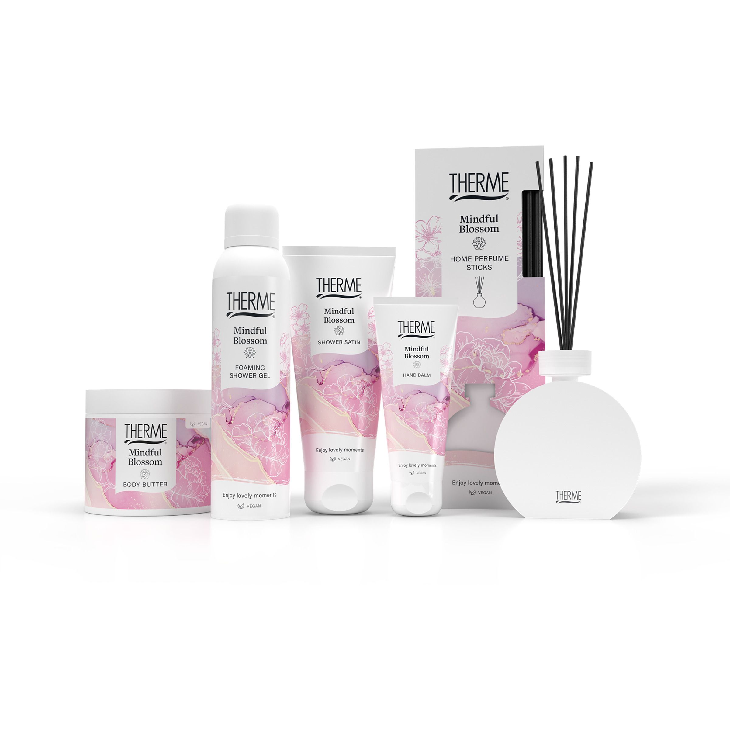 Flacon cylindrique d'huile de massage Therme Mindful Blossom, bouchon blanc. Inscriptions : THERME, Mindful Blossom, Massage Oil, 125 ml.