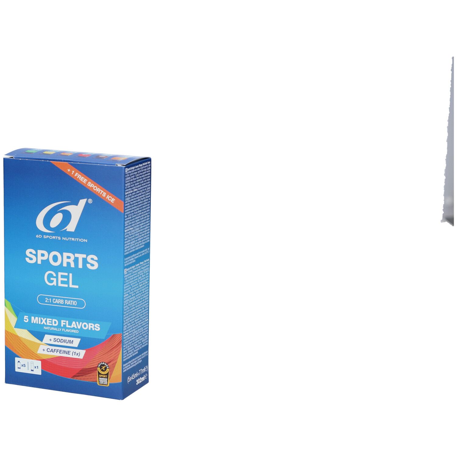 Blauwe Kartonverpakking. '6d Sports Nutrition Sports Gel'. 5 gemengde smaken. 2:1 koolhydraatverhouding. Met natrium en cafeïne.
