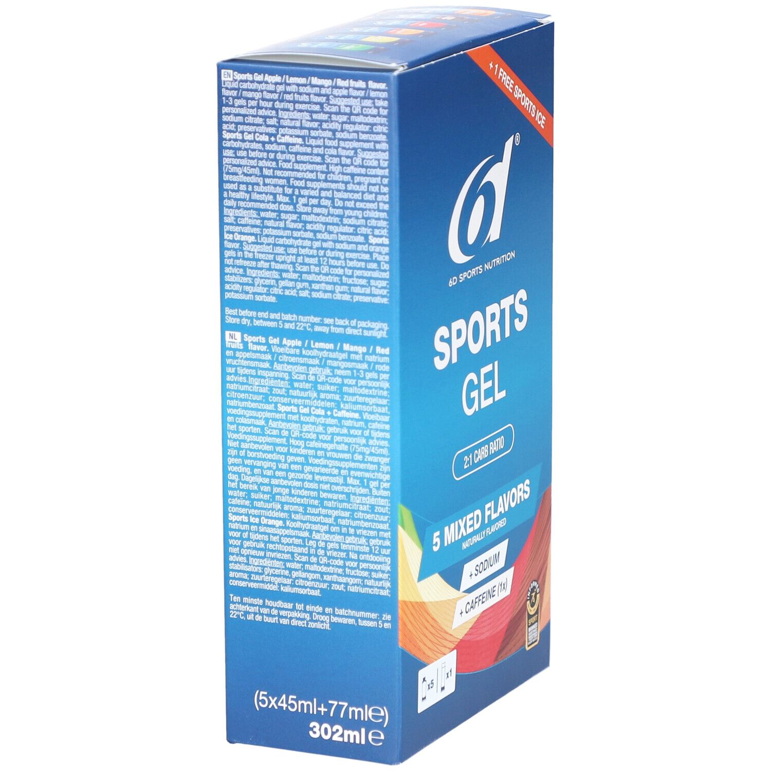 Blaue Kartonverpackung. '6d Sports Nutrition Sports Gel'. 5 gemischte Geschmacksrichtungen. 2:1 Kohlenhydratverhältnis. Mit Natrium und Koffein.