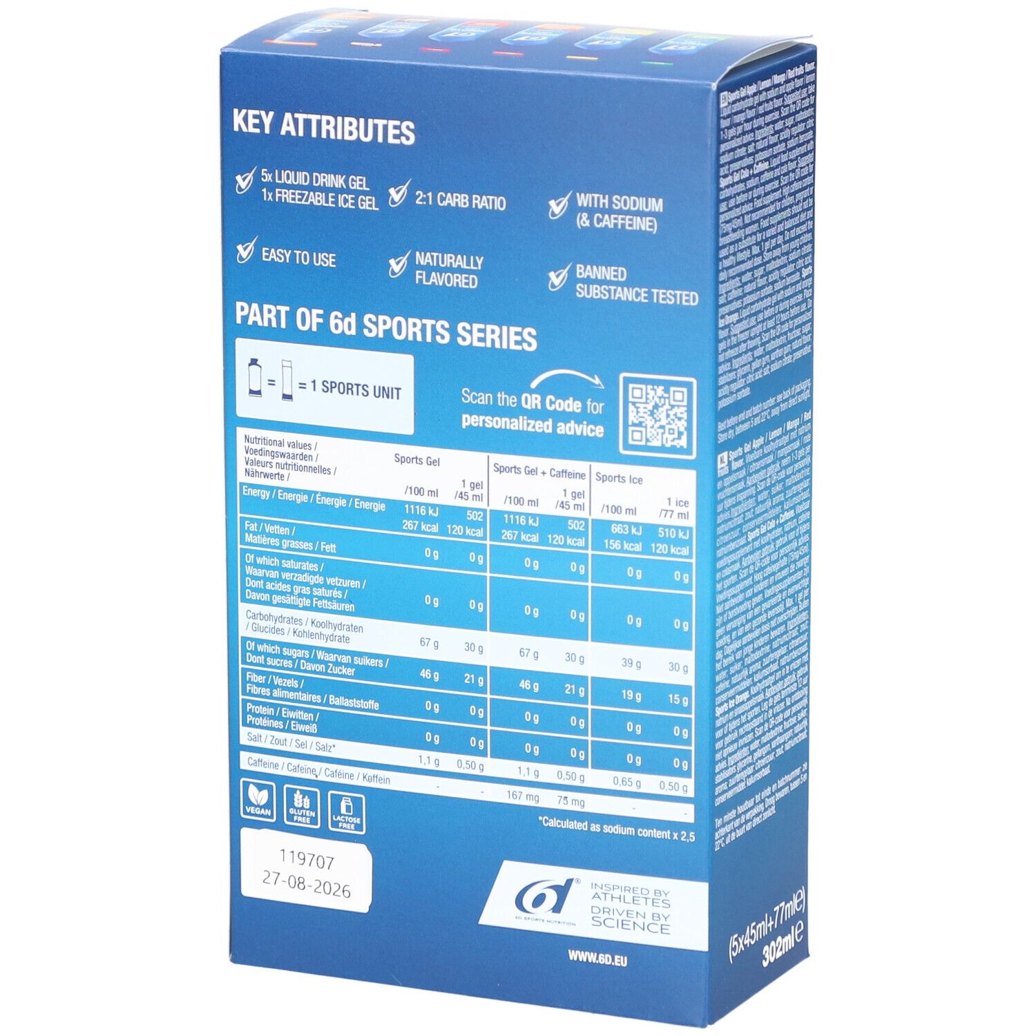 Rückseite der blauen Kartonverpackung. '6d Sports Nutrition Sports Gel'. Nährwertangaben. QR-Code zum Scannen.