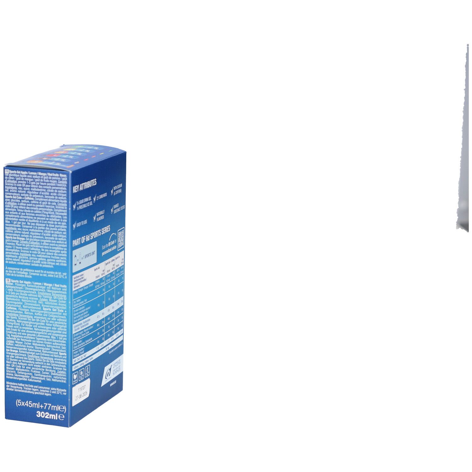 Blaue Kartonverpackung. '6d Sports Nutrition Sports Gel'. 5 gemischte Geschmacksrichtungen. 2:1 Kohlenhydratverhältnis. Mit Natrium und Koffein.