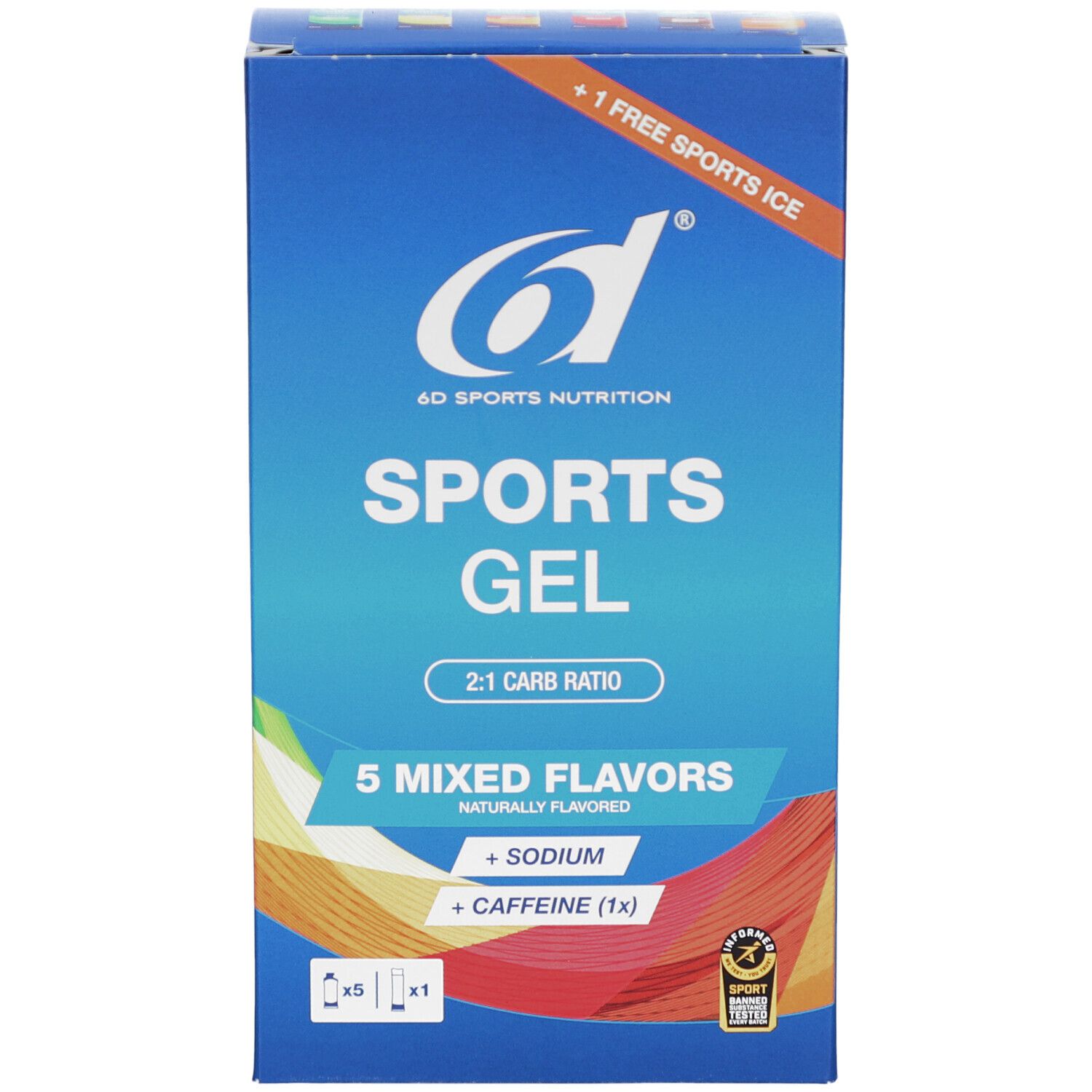 Blaue Kartonverpackung. '6d Sports Nutrition Sports Gel'. 5 gemischte Geschmacksrichtungen. 2:1 Kohlenhydratverhältnis. Mit Natrium und Koffein.
