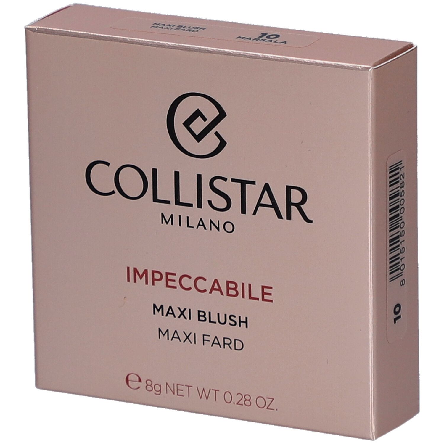 Rosafarbener Karton. Marke Collistar, Produktname Impeccabile Maxi Blush. Gewicht 8g. Farbe 10 Marsala.