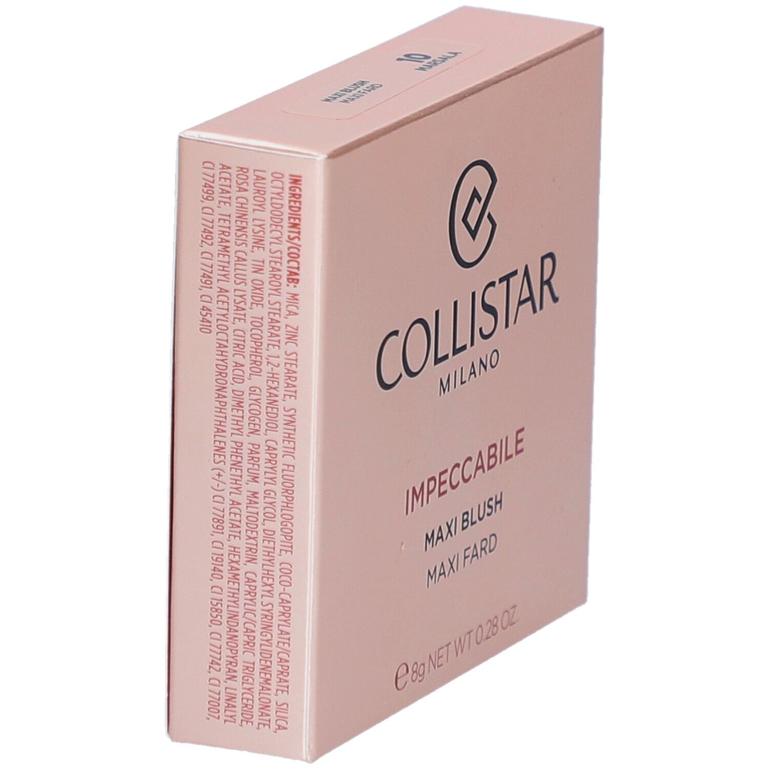 Rosafarbener Karton. Marke Collistar, Produktname Impeccabile Maxi Blush. Inhaltsstoffe aufgedruckt.