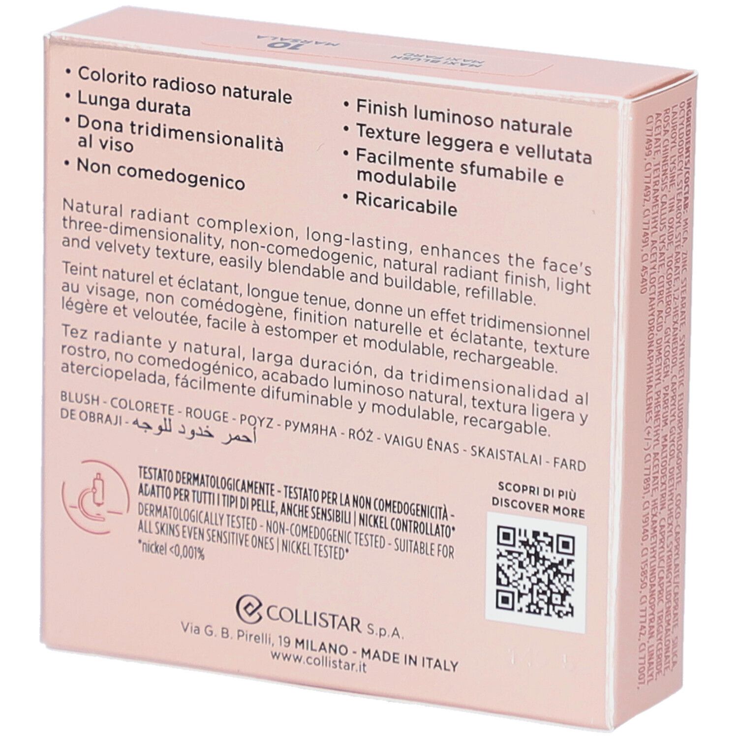 Rosafarbener Karton. Marke Collistar, Produktname Impeccabile Maxi Blush. Text aufgedruckt.