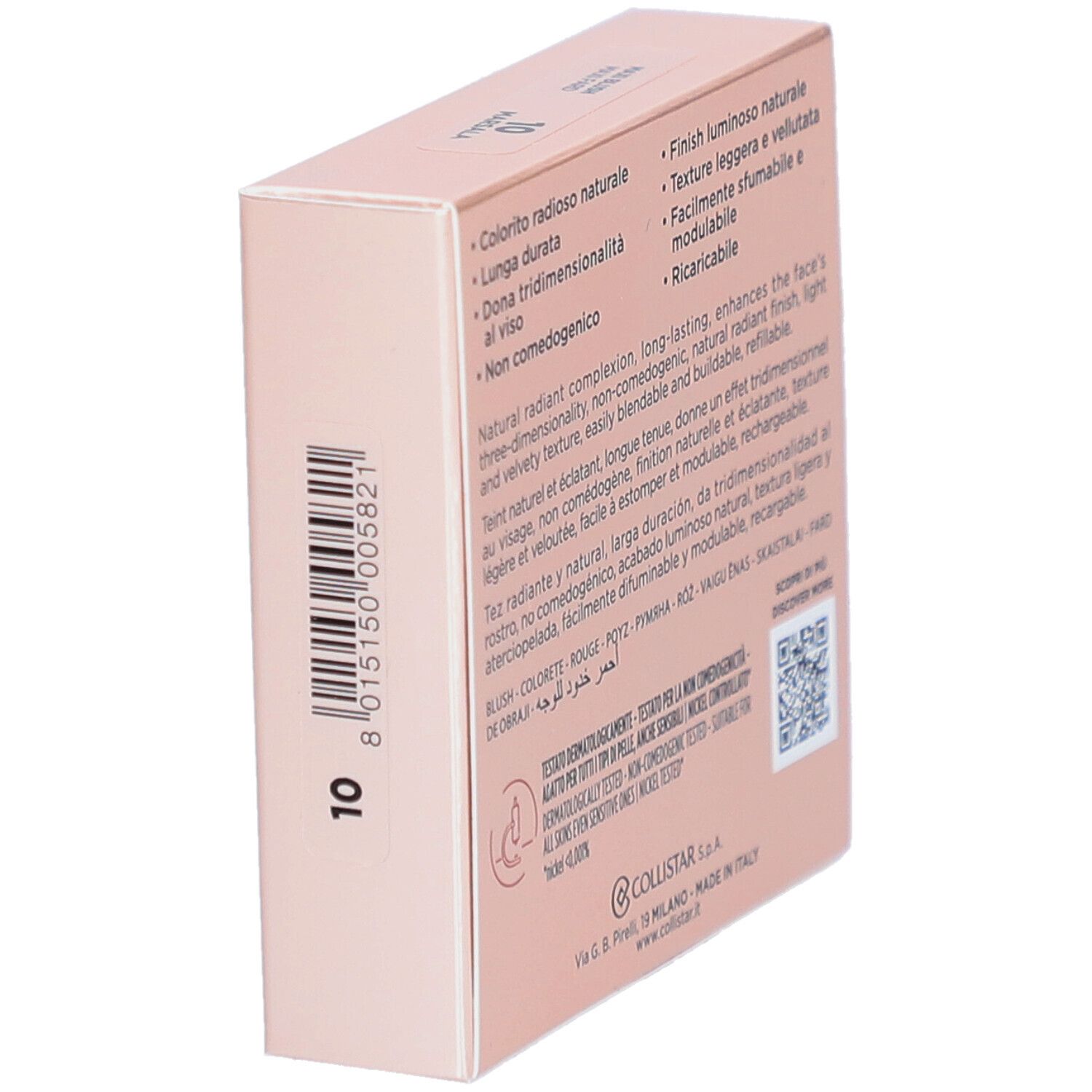 Rosafarbener Karton. Marke Collistar, Produktname Impeccabile Maxi Blush. Barcode und Farbe 10.