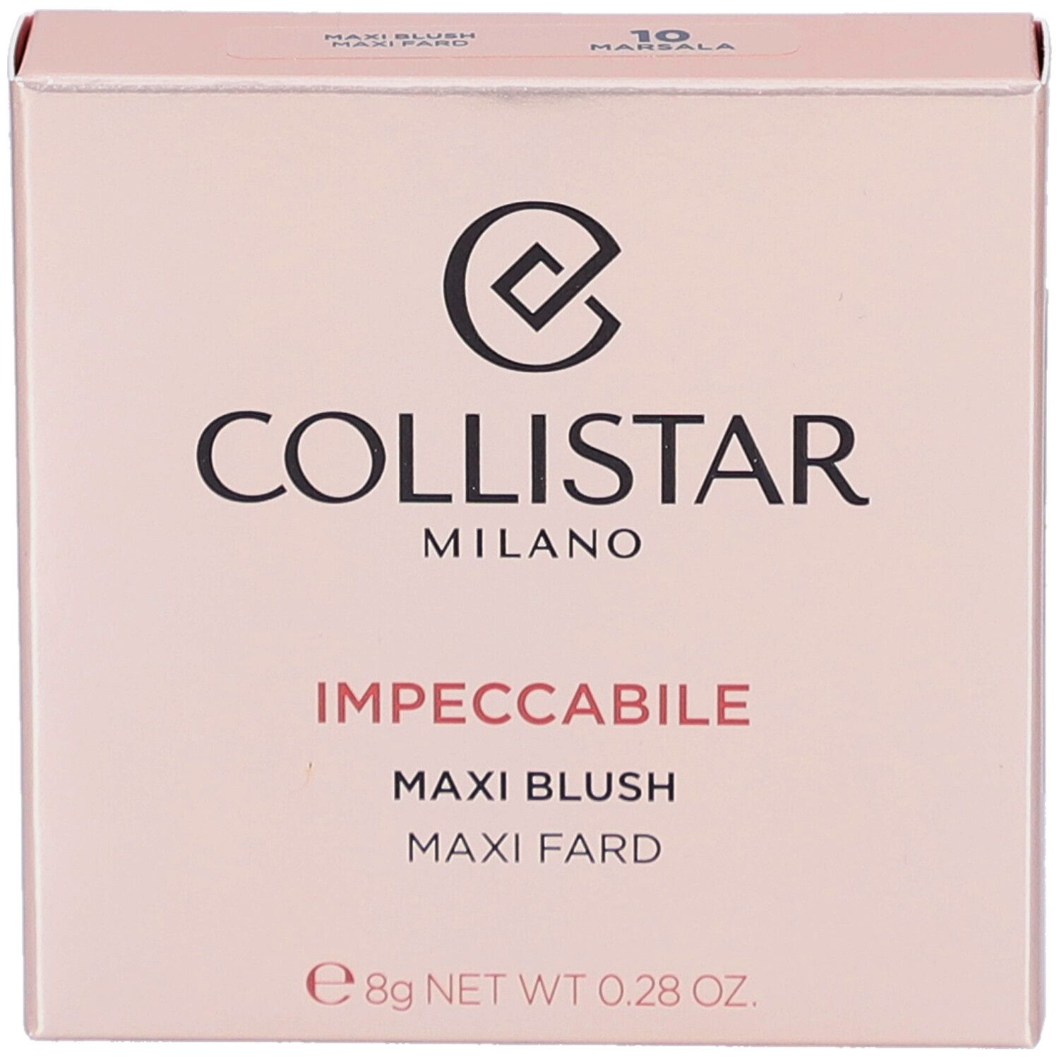 Rosafarbener Karton. Marke Collistar, Produktname Impeccabile Maxi Blush. Gewicht 8g.