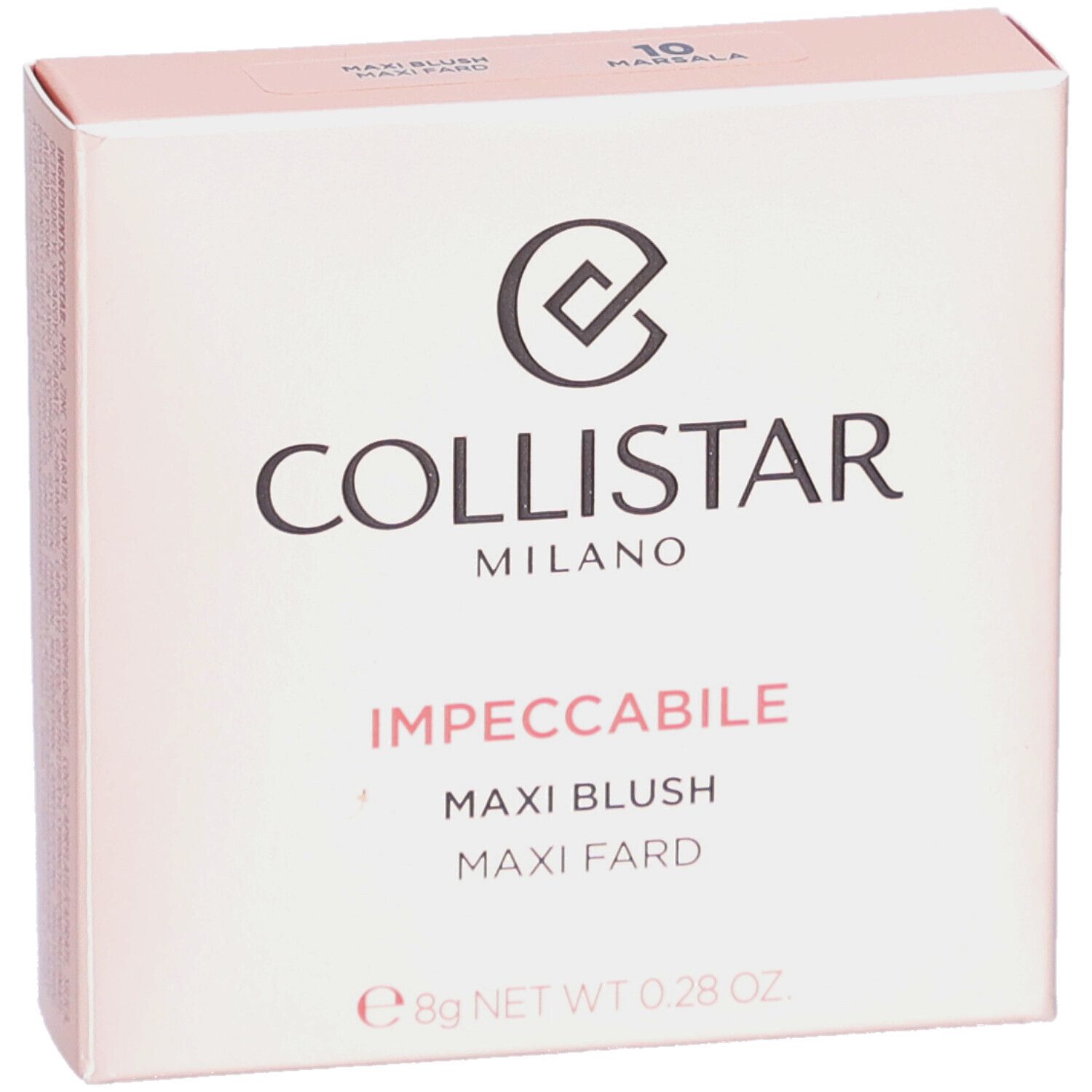 Rosafarbener Karton. Marke Collistar, Produktname Impeccabile Maxi Blush. Gewicht 8g.