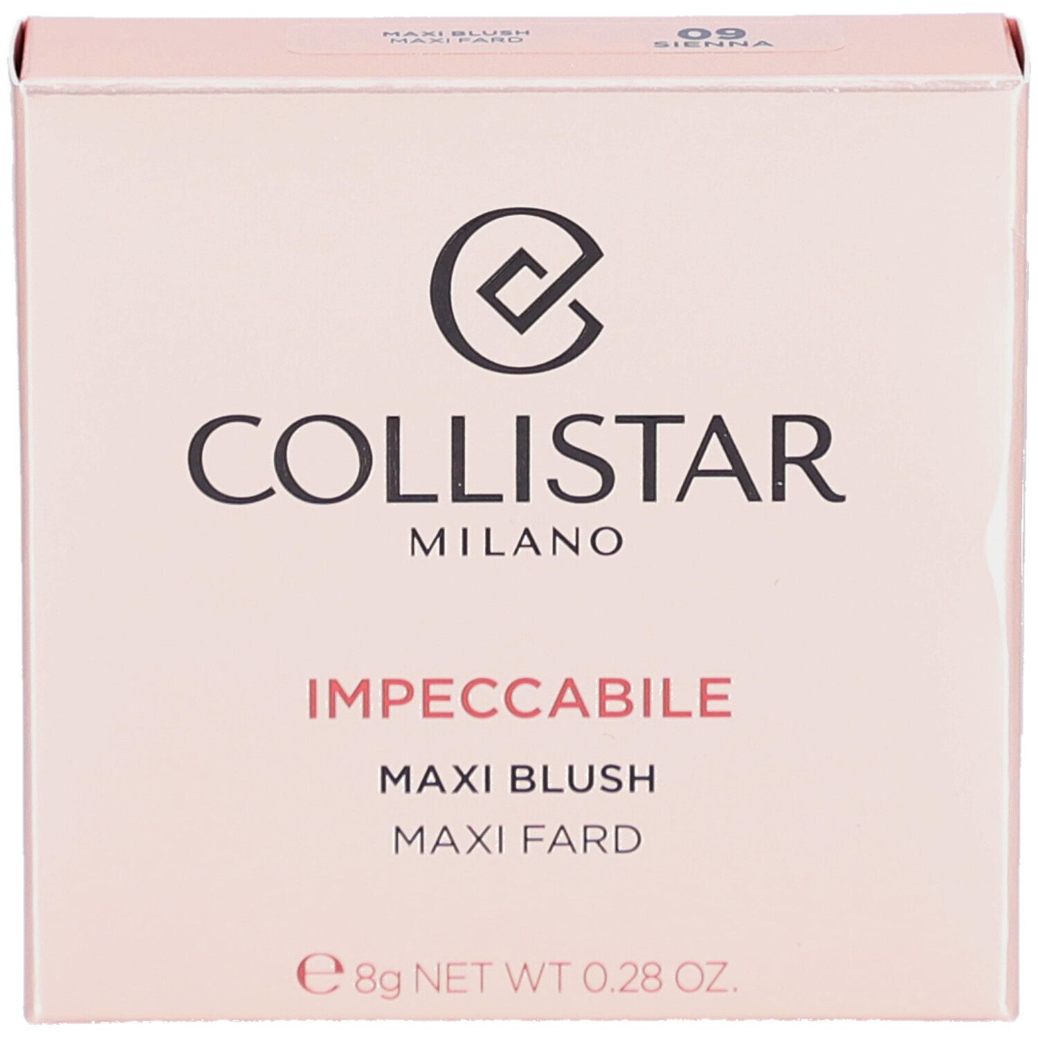 Boîte rose. Marque Collistar Milano. Impeccabile Maxi Blush, teinte 09 Sienna. Poids net 8g.