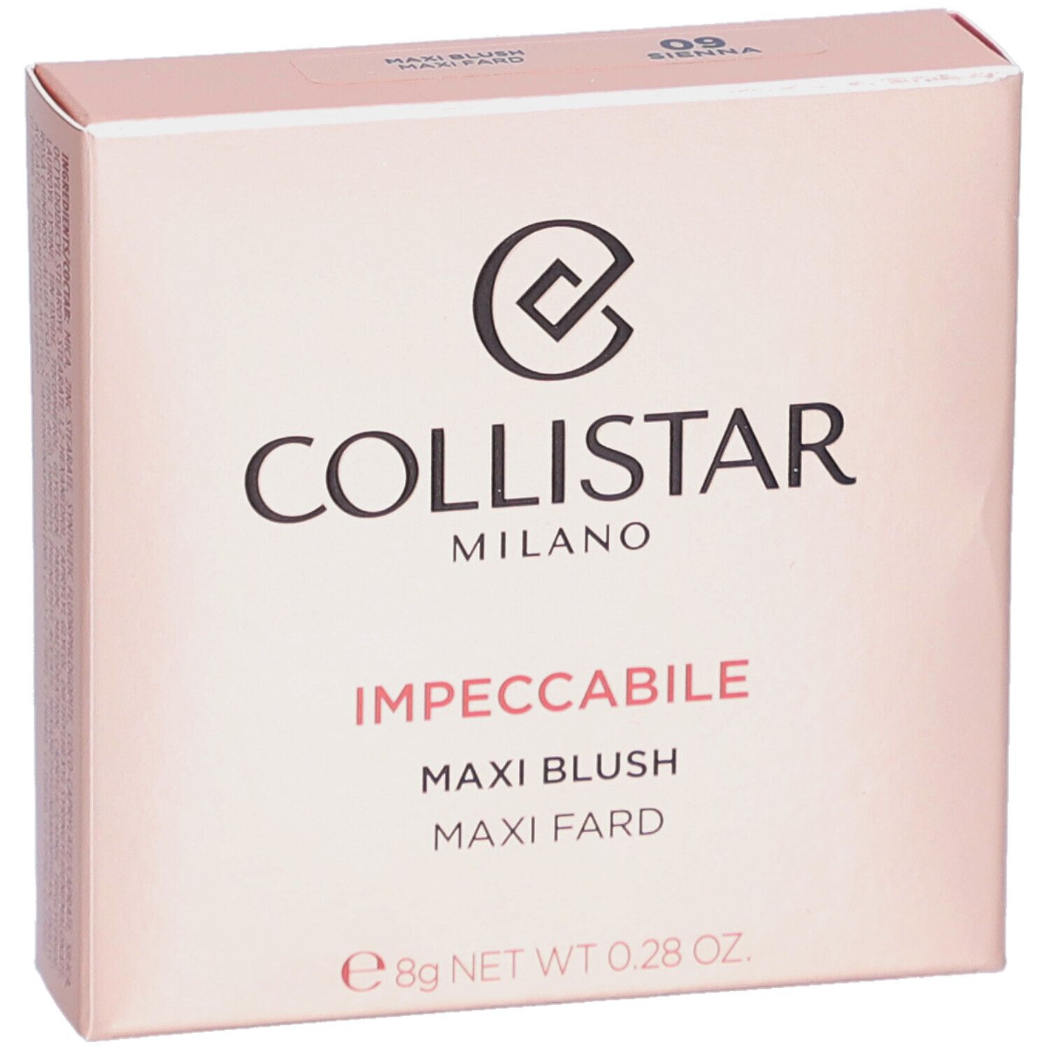 Boîte rose. Marque Collistar Milano. Impeccabile Maxi Blush, teinte 09 Sienna. Poids net 8g.