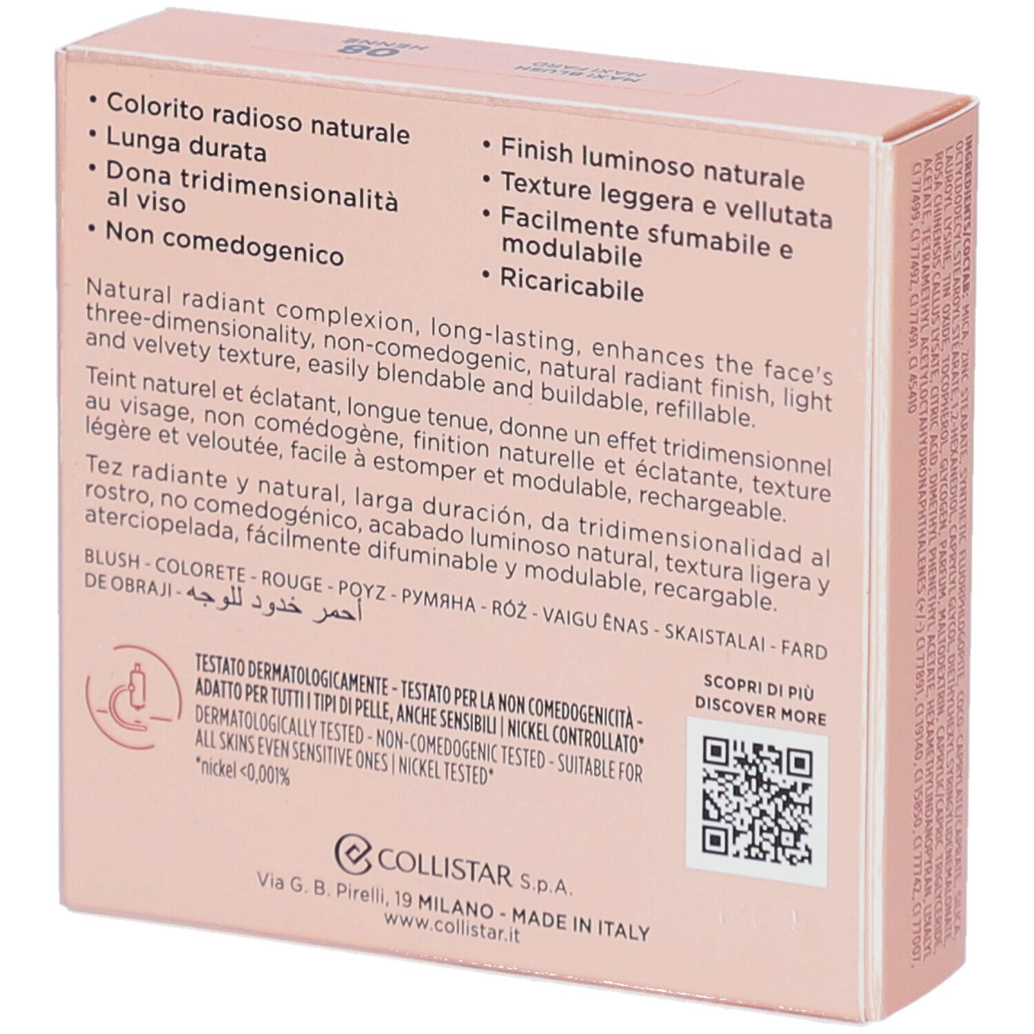 Dos de la boîte de blush. Texte et code QR. Fond rose.