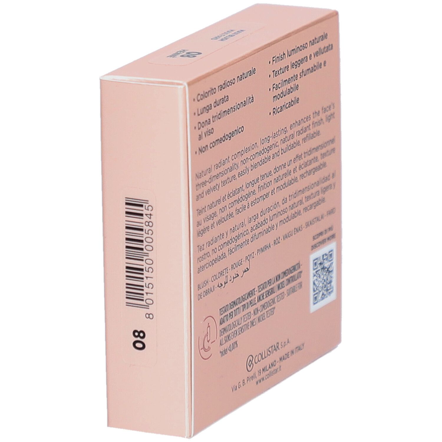 Dos de la boîte de blush en biais. Texte et code QR. Fond rose.