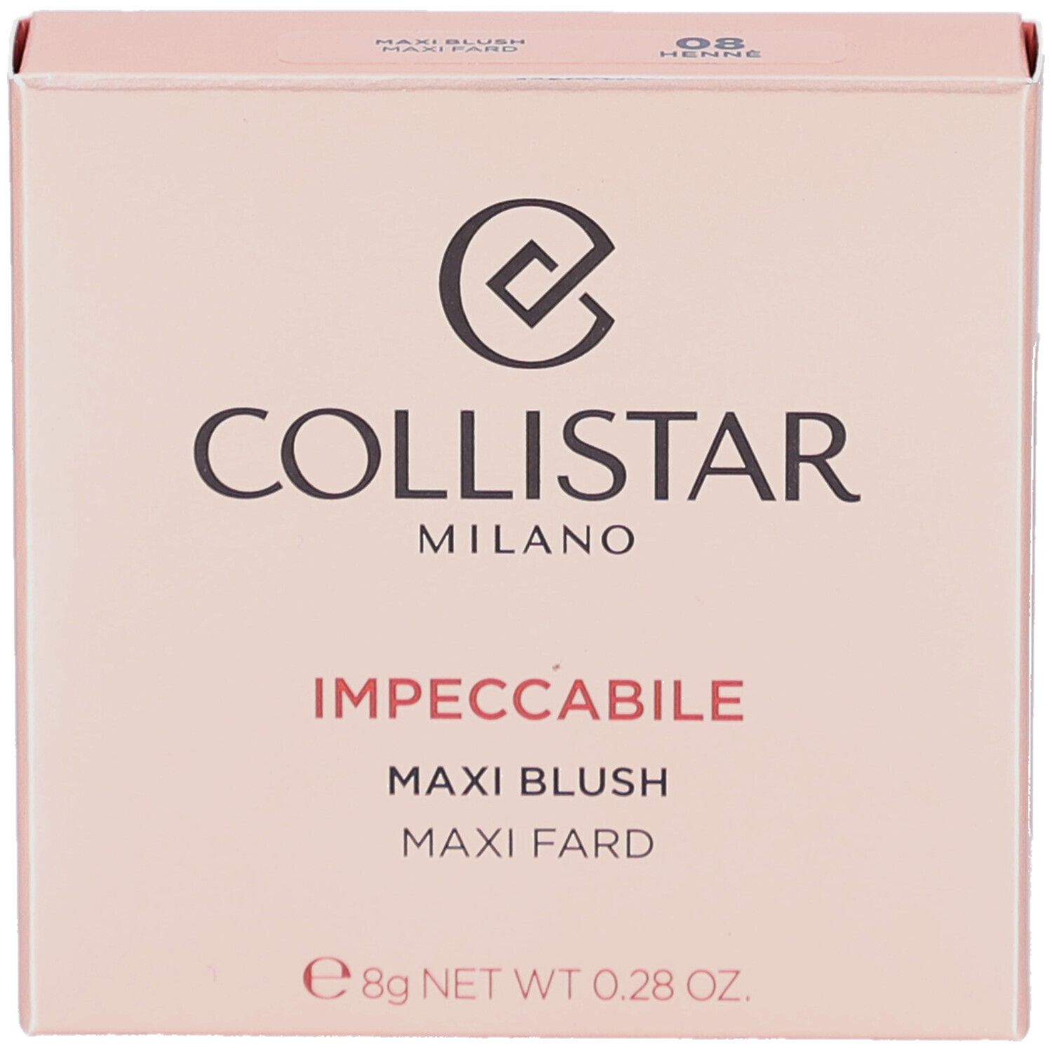 Boîte de blush rose. Logo et nom du produit. Contient 8g.