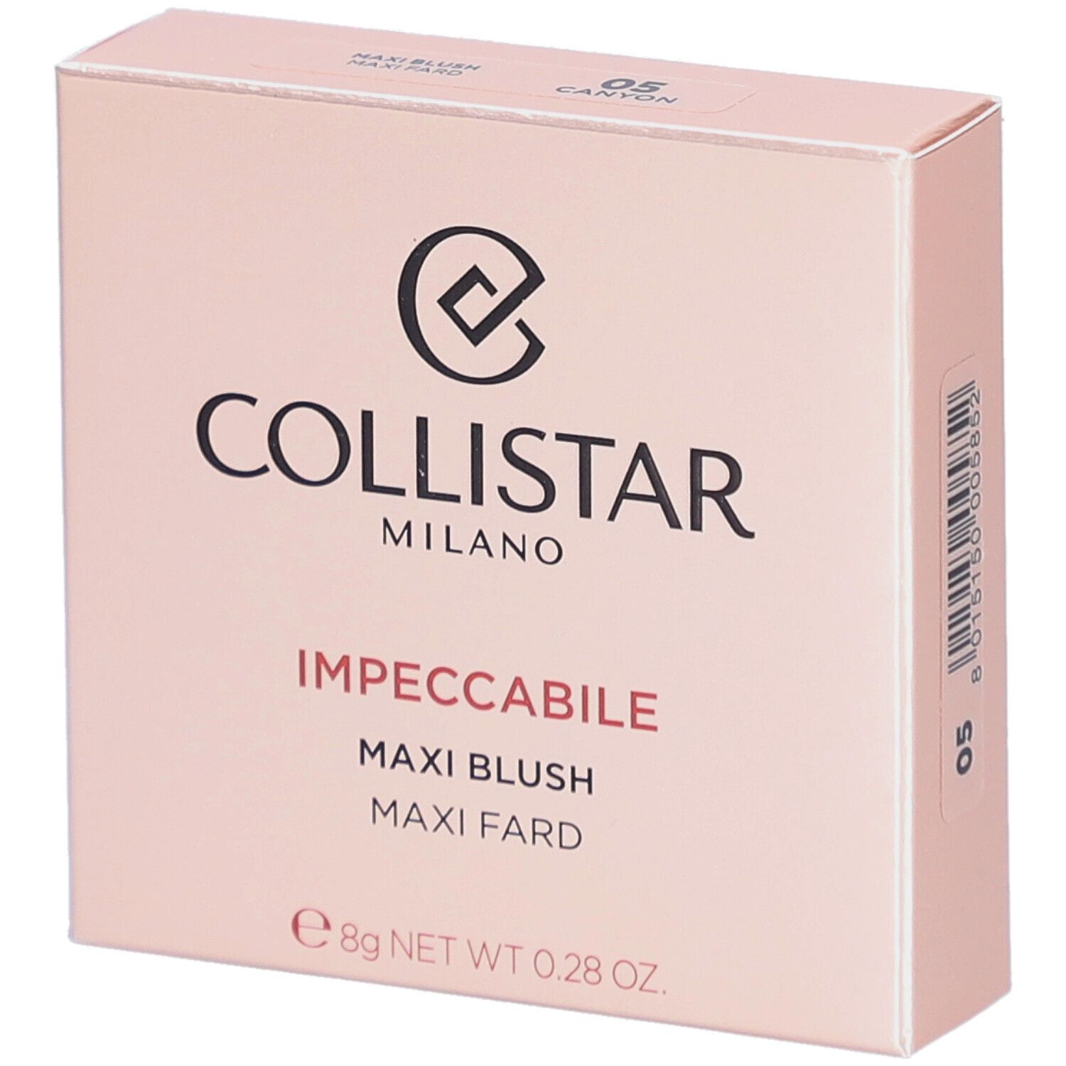 Blush-Verpackung. Marke Collistar, Produktname Impeccabile Maxi Blush. Farbe 05 Canyon. Rosa Karton mit Logo.