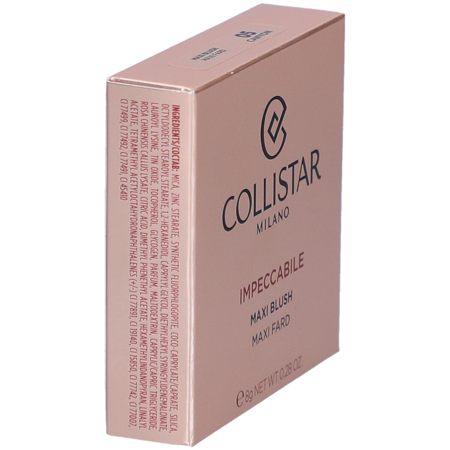 Blush-Verpackung. Marke Collistar, Produktname Impeccabile Maxi Blush. Farbe 05 Canyon. Rosa Karton.