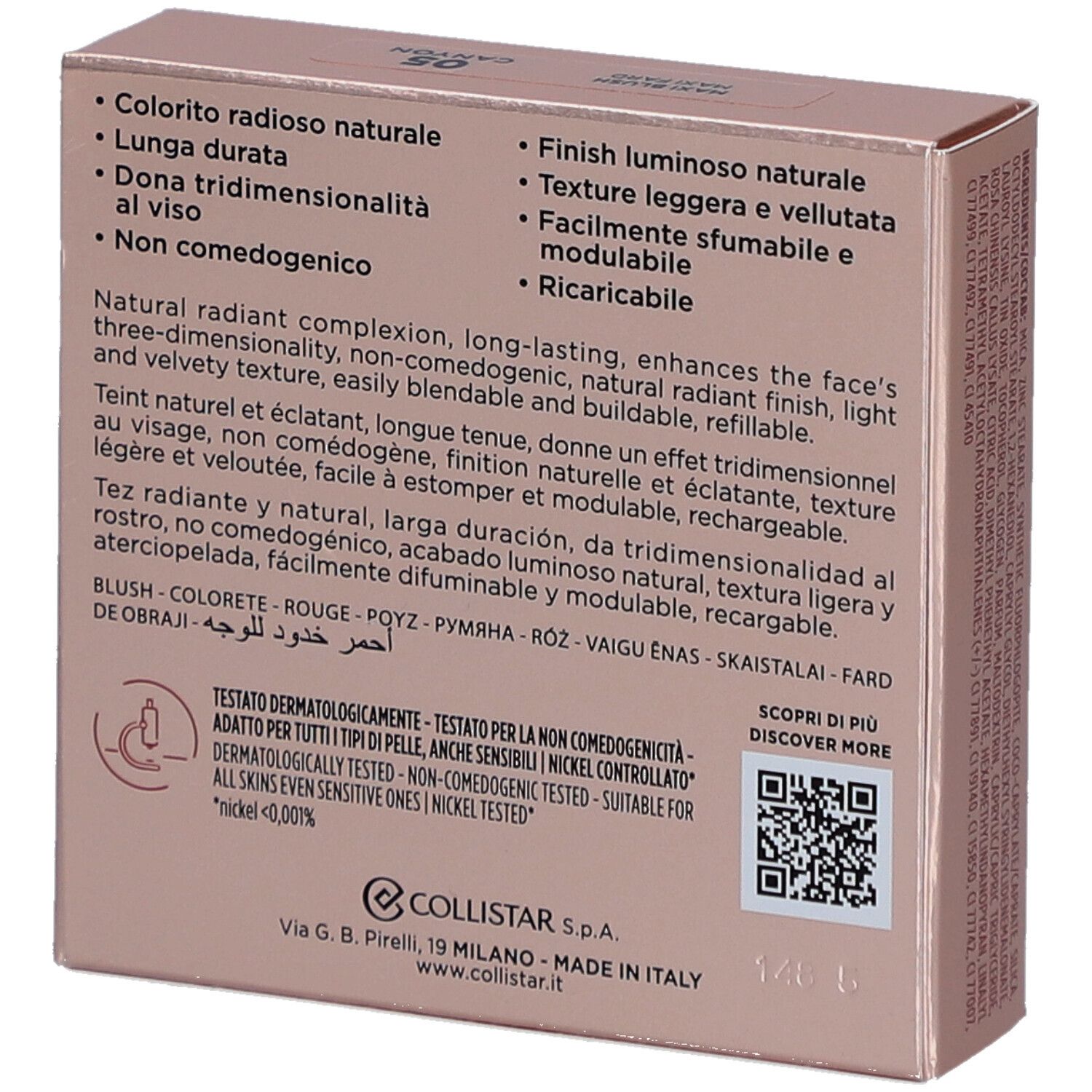 Rückseite der Blush-Verpackung. Text mit Inhaltsstoffen, Eigenschaften und Zertifizierungen. Marke Collistar.