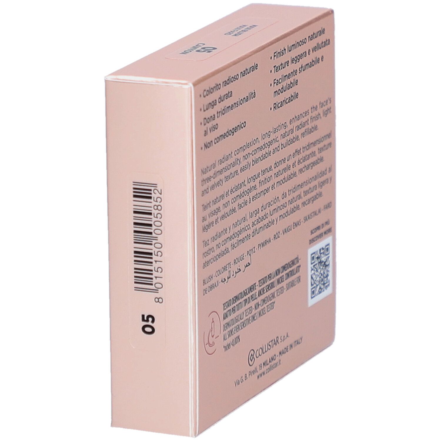Blush-Verpackung. Marke Collistar, Produktname Impeccabile Maxi Blush. Farbe 05 Canyon. Rosa Karton.