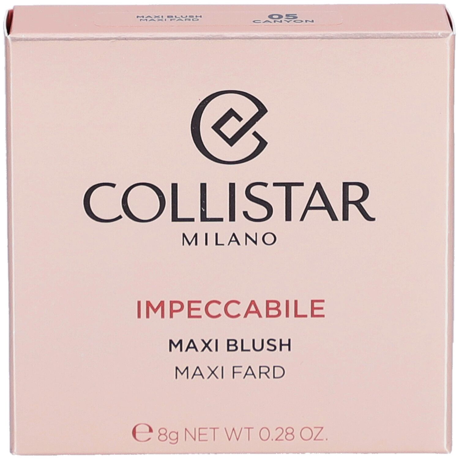 Blush-Verpackung. Marke Collistar, Produktname Impeccabile Maxi Blush. Farbe 05 Canyon. Rosa Karton.