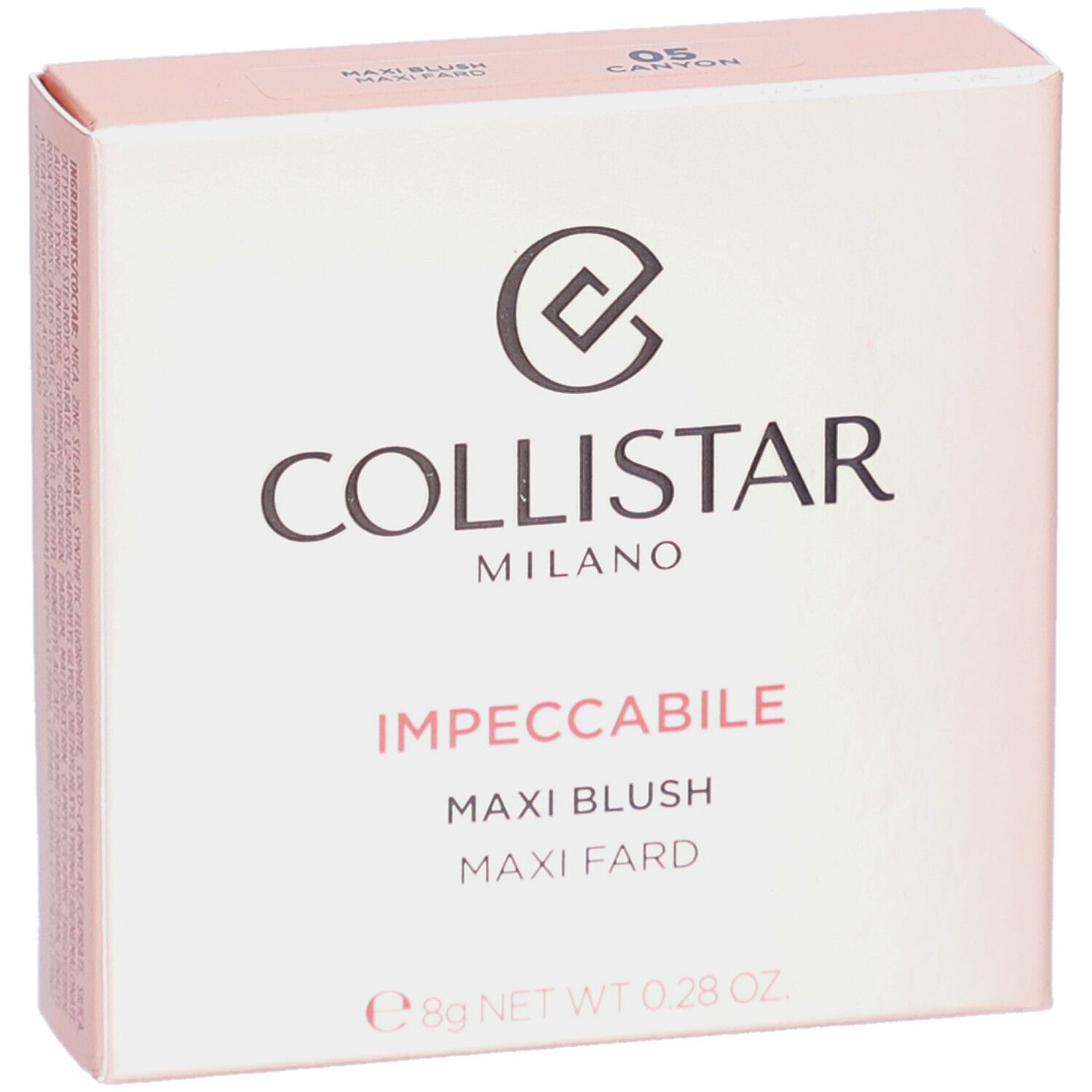 Blush-Verpackung. Marke Collistar, Produktname Impeccabile Maxi Blush. Rosa Karton mit Logo und Text.