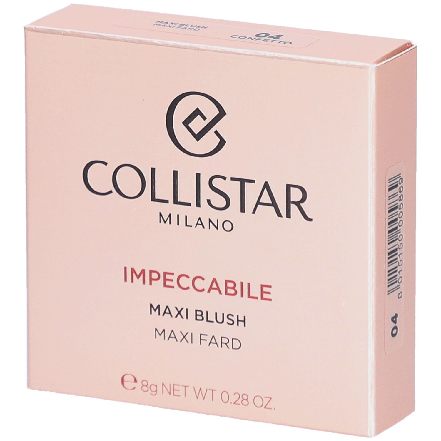 Rosafarbener Karton. Logo und Schriftzug COLLISTAR MILANO. Produktbezeichnung: IMPPECCABILE MAXI BLUSH. Farbton 04.