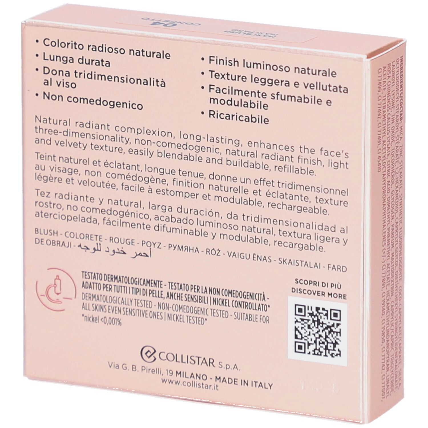 Rosafarbener Karton. Logo und Schriftzug COLLISTAR MILANO. Produktbezeichnung: IMPPECCABILE MAXI BLUSH. Text in mehreren Sprachen.