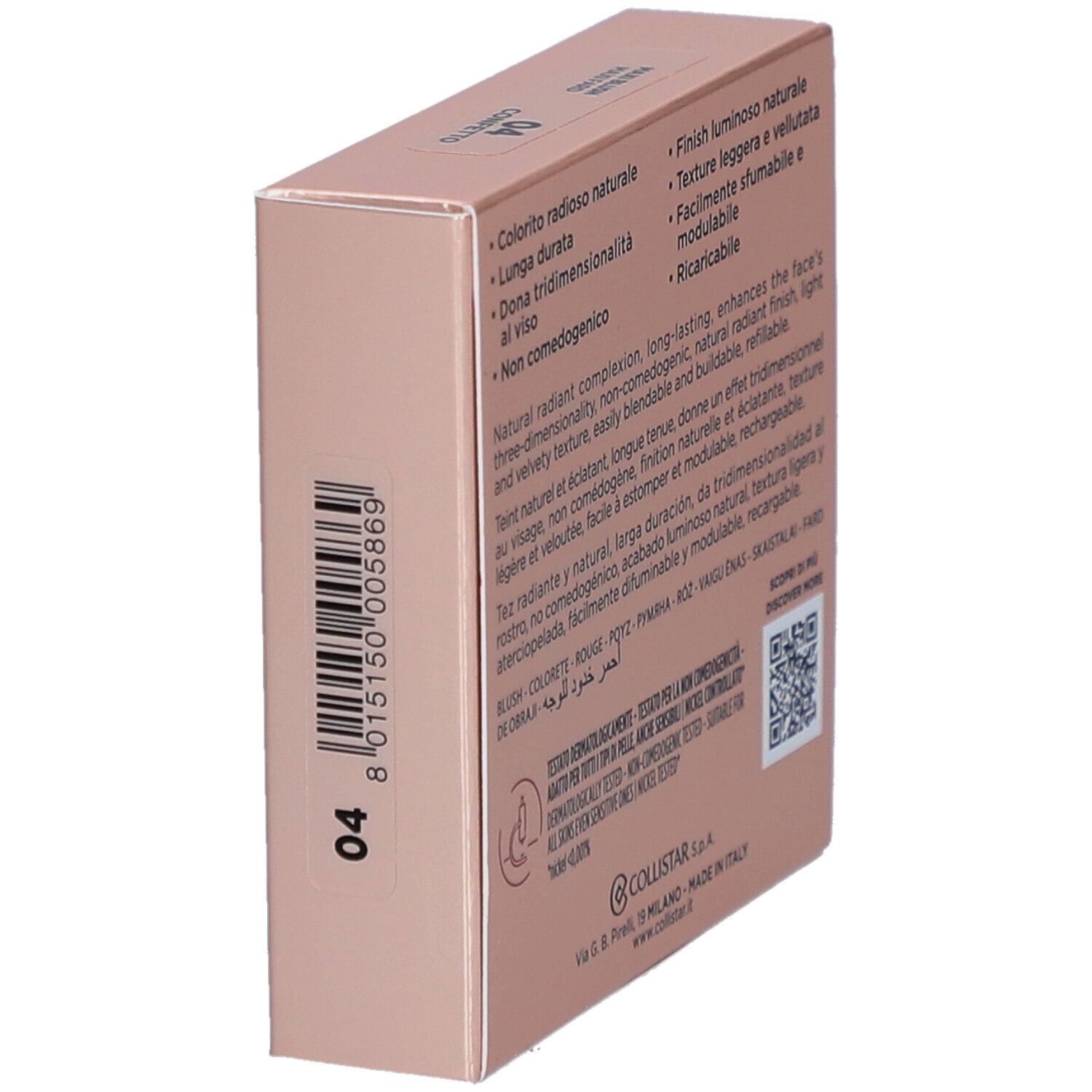 Rosafarbener Karton. Logo und Schriftzug COLLISTAR MILANO. Produktbezeichnung: IMPPECCABILE MAXI BLUSH. Farbton 04.