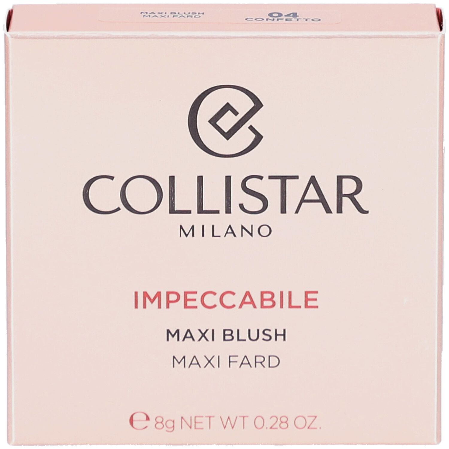 Rosafarbener Karton. Logo und Schriftzug COLLISTAR MILANO. Produktbezeichnung: IMPPECCABILE MAXI BLUSH. Farbton 04.