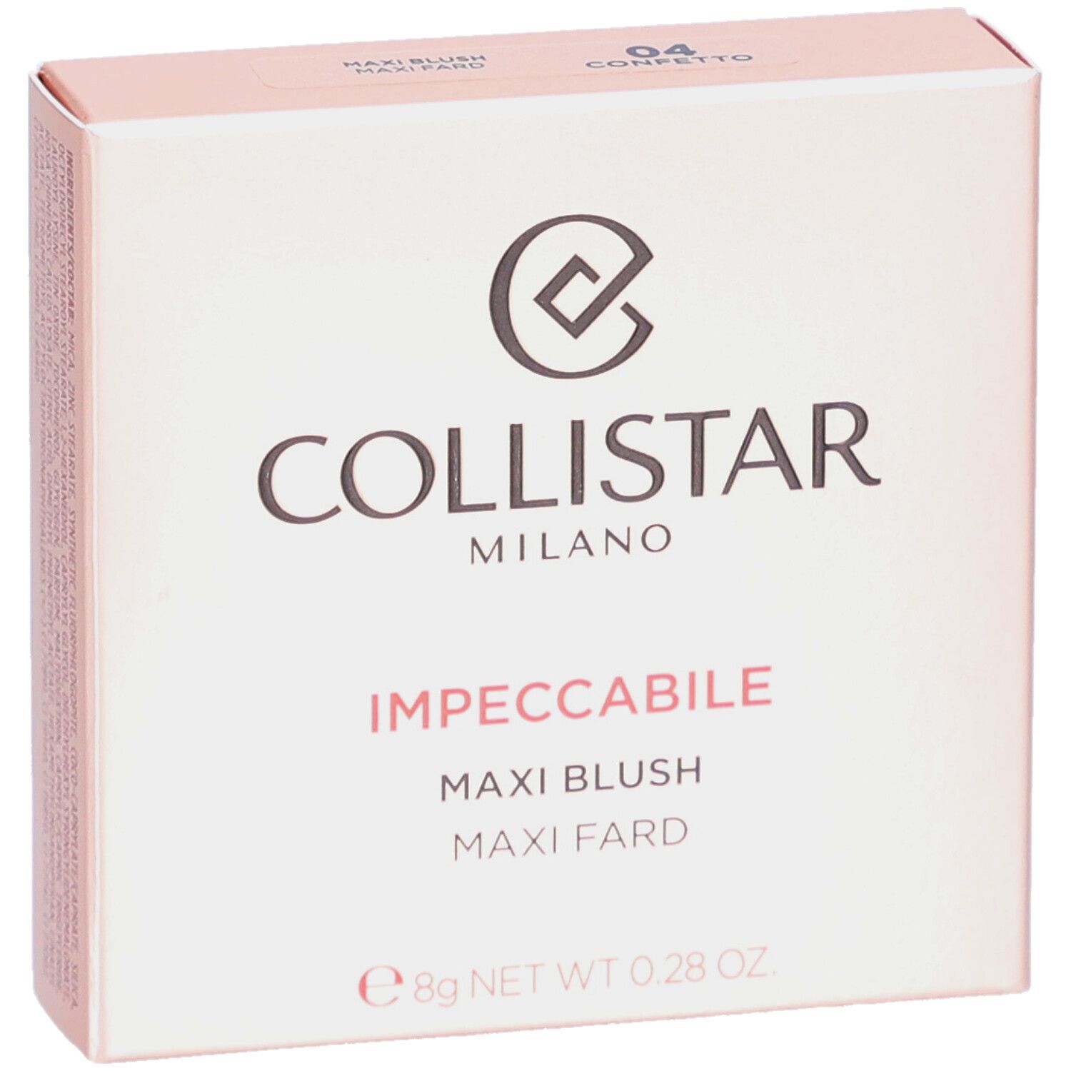 Rosafarbener Karton. Logo und Schriftzug COLLISTAR MILANO. Produktbezeichnung: IMPPECCABILE MAXI BLUSH. Farbton 04.