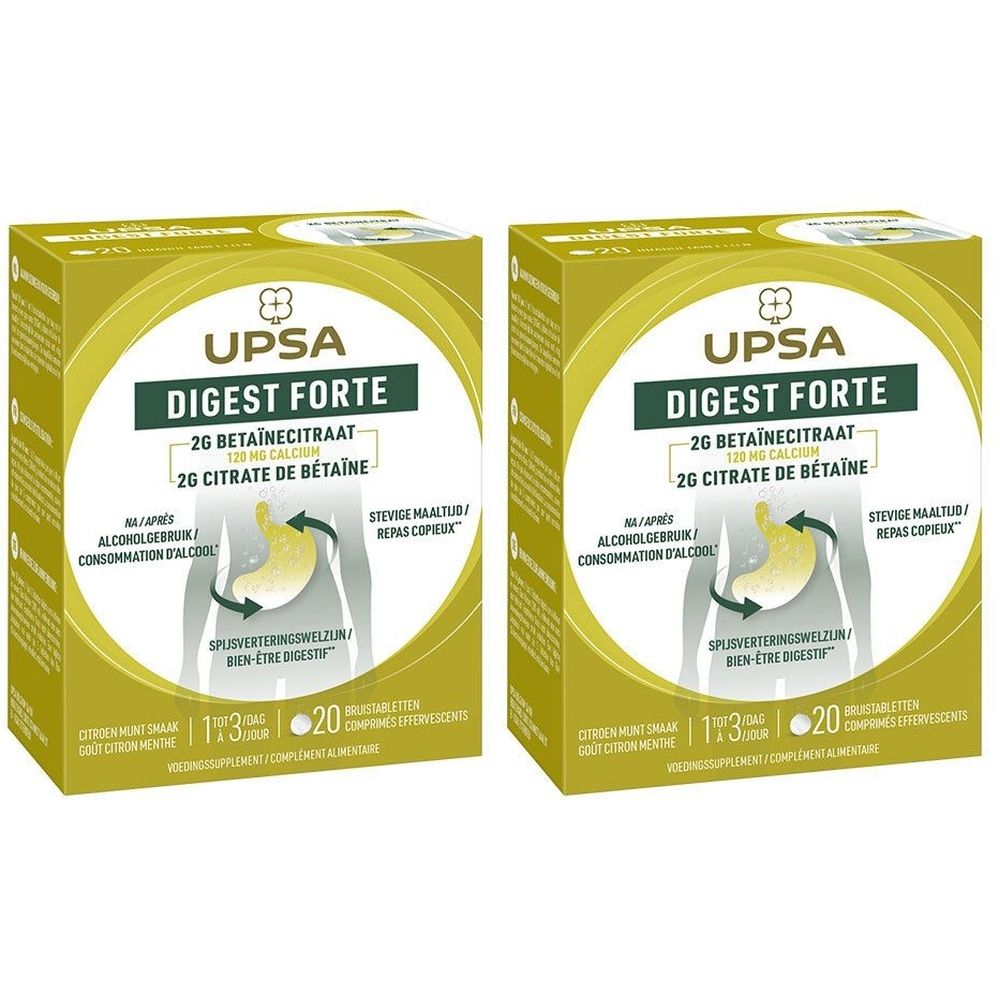 Deux boîtes de UPSA Digest Forte. Inscription: 2G Betaïnecitraat, 20 comprimés. Étiquette jaune avec texte et illustration du système digestif.
