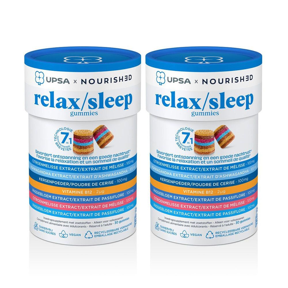 Deux boîtes de UPSA Nourished Gummies Relax/Sleep. Couvercles bleus, contenants blancs. Texte: relax/sleep gummies, ingrédients.