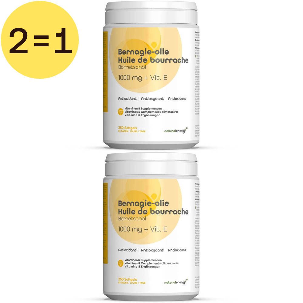 Zwei weiße Dosen mit gelben Etiketten. Aufschrift: Bernagie-olie, Huile de bourrache, 1000 mg + Vit. E. Gelbes 2=1-Symbol.