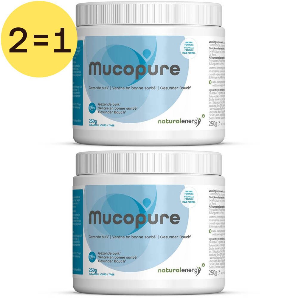 Zwei weiße Dosen mit dem Produktnamen Mucopure. Aufschrift: Gesunde Bauch, Ventre en bonne santé, Gesunder Bauch. Marke: naturalenergy.