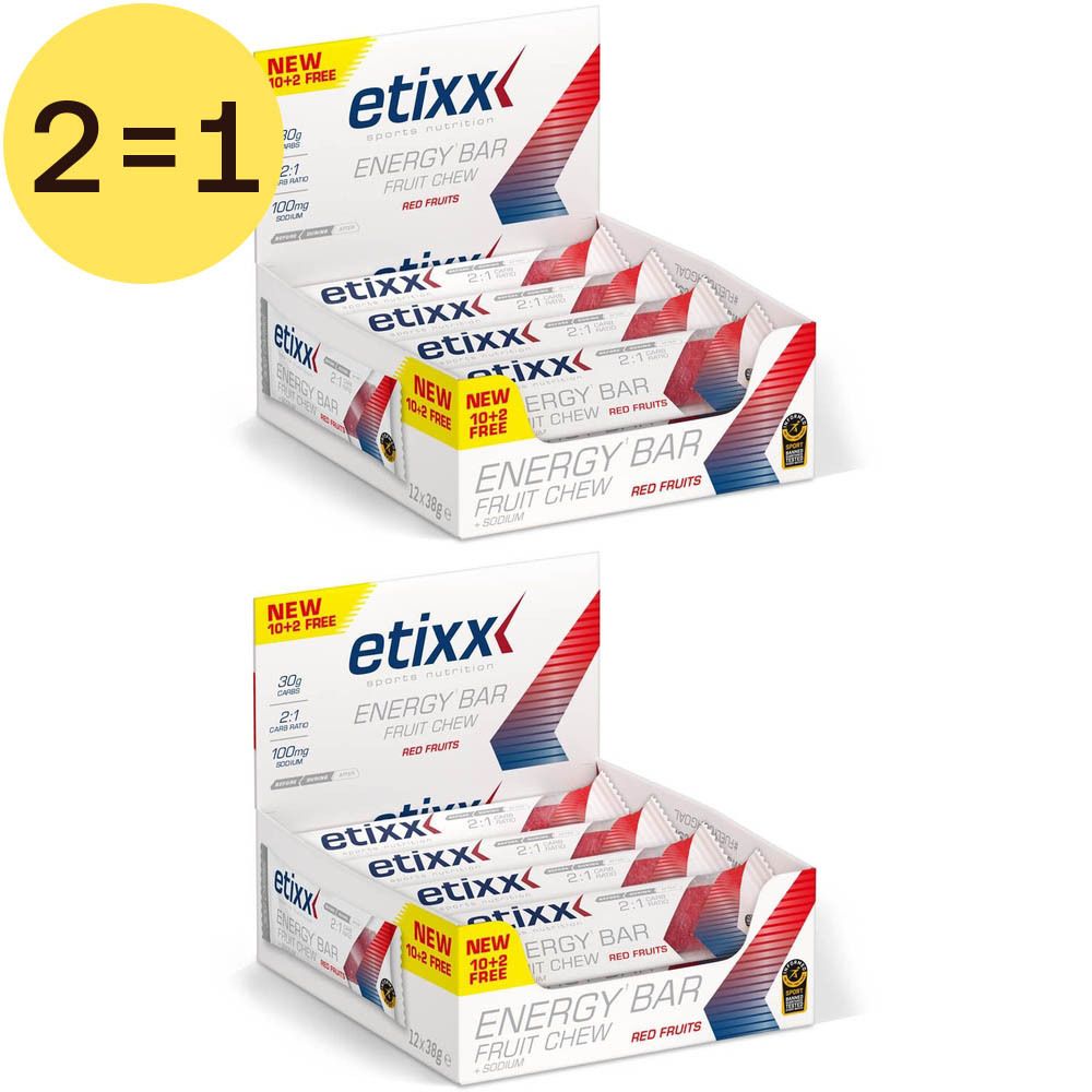 Deux boîtes ouvertes Etixx Energy Bar Fruit Chew, fruits rouges. Inscription 'Energy Bar'.