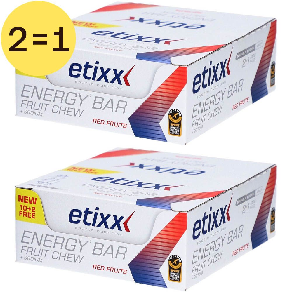 Etixx Energy Bar Fruit Chew, rote Früchte. Zwei Kartons mit je 21 Riegeln. Aufschrift 'Energy Bar'.