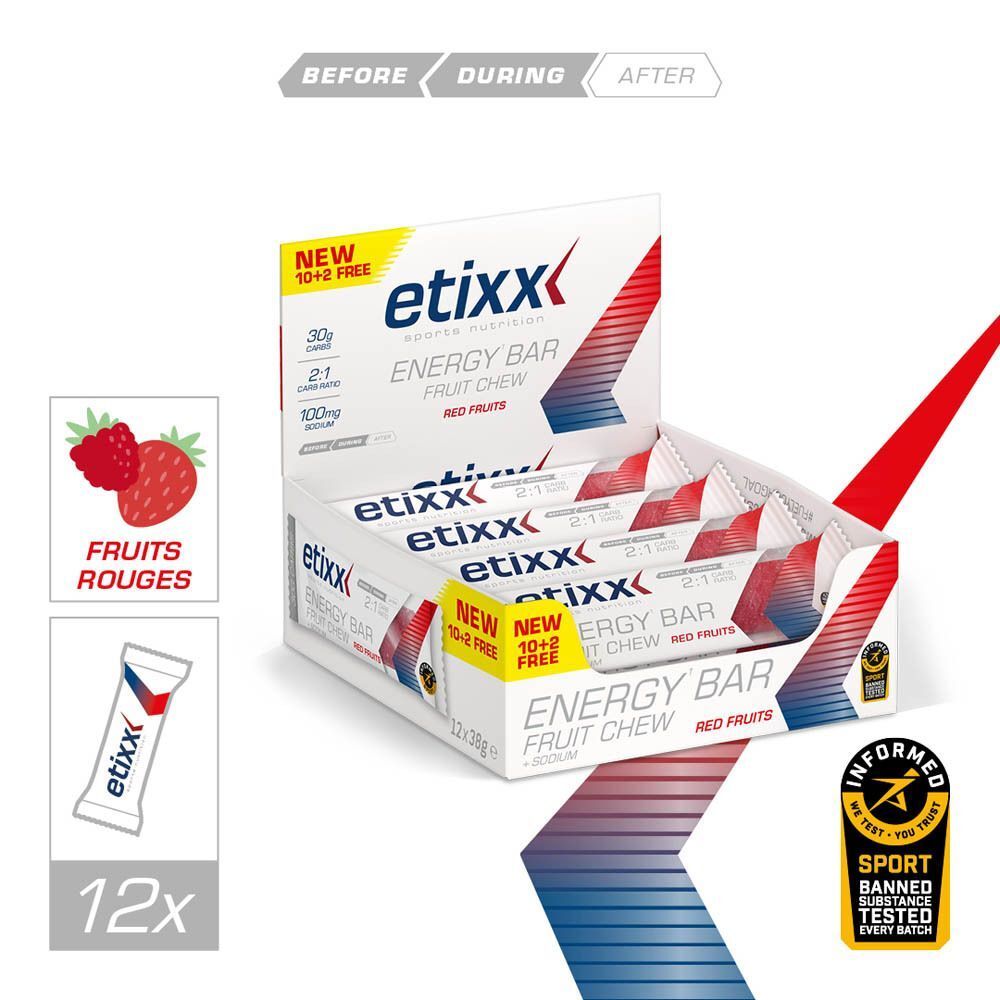 Etixx Energy Bar, chewing-gum aux fruits, fruits rouges. Boîte ouverte avec barres. Inscription : New 10+2 gratuit. 2:1 Carb Ratio.