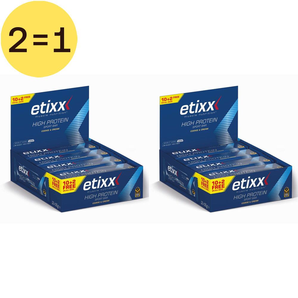 Deux boîtes ouvertes de barres protéinées ETIXX. Emballage bleu avec logo et infos. Promotion 2=1.