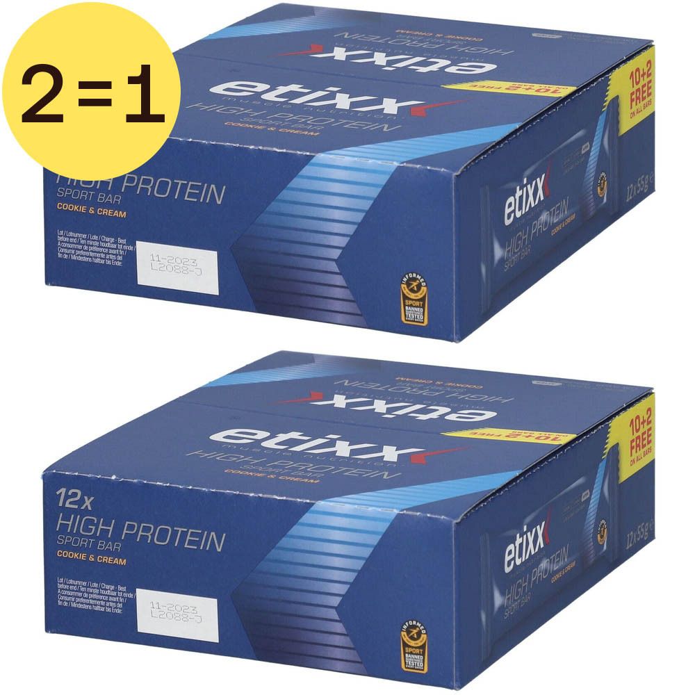 Zwei Kartons ETIXX High Protein Sport Bar. Blaue Verpackung mit Produktinformationen und Logo. 2=1-Promo.